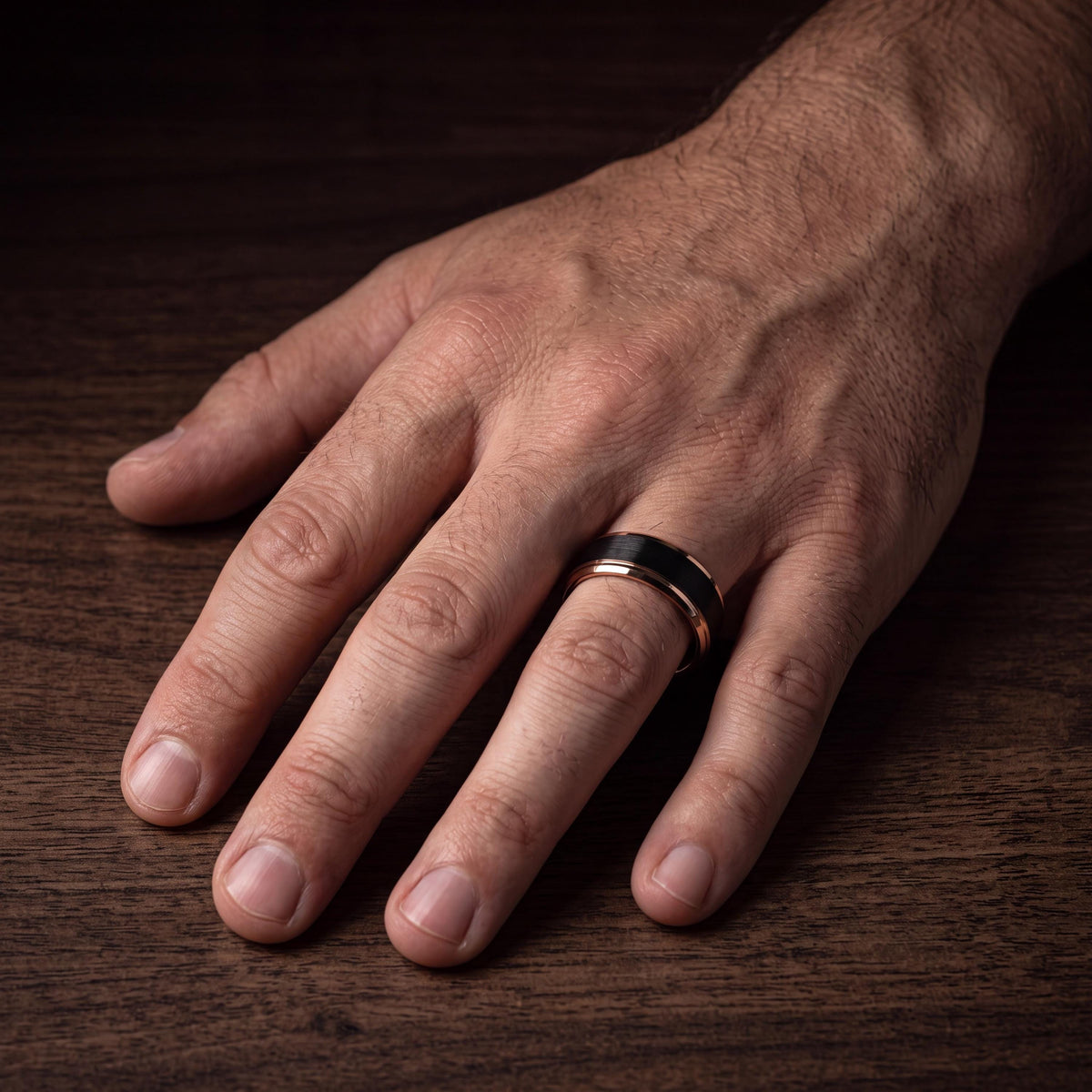 Groomsmen Gifts, Black Rose Gold Tungsten Ring, 8mm Beveled Edge, Custom, Personalized, Minimalist, Handmade, Engraved, Mens Wedding Band