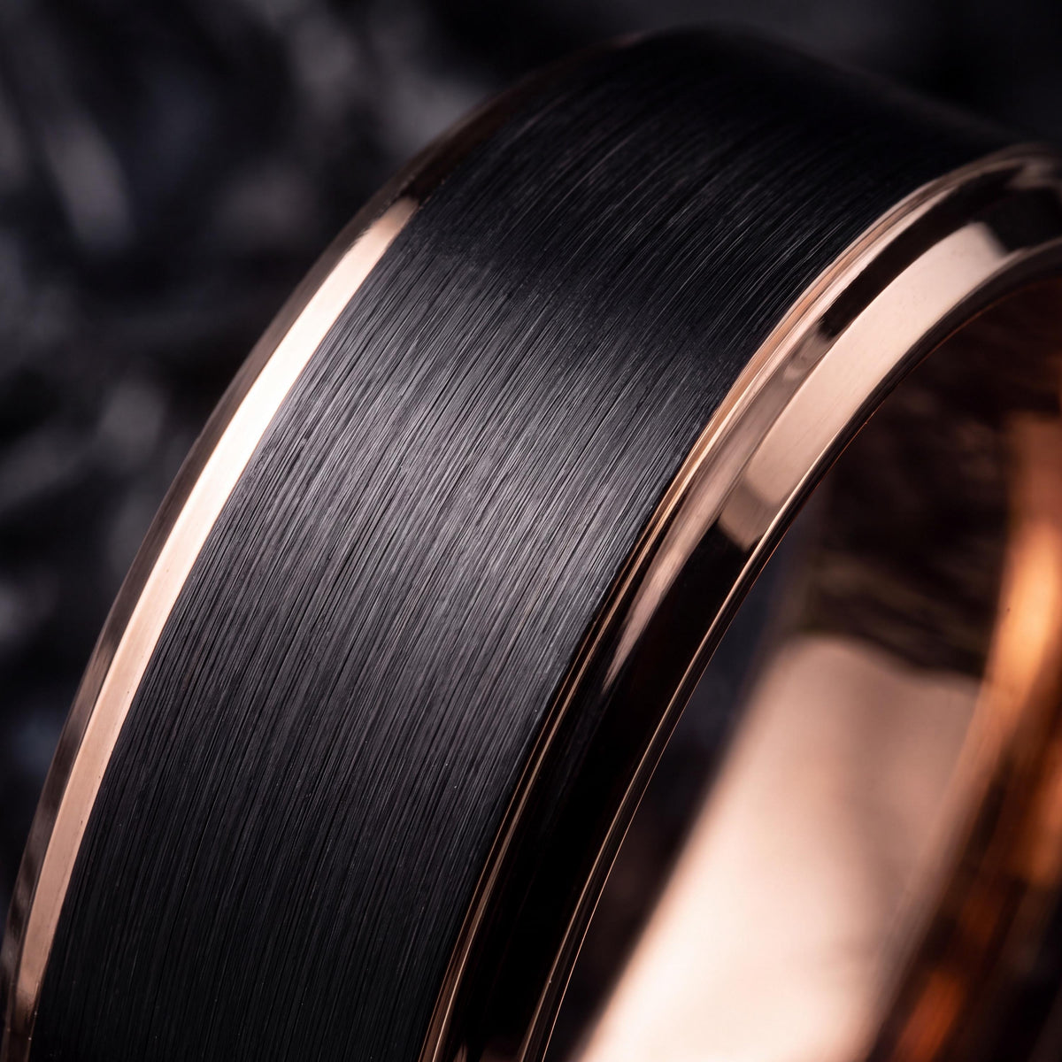 Groomsmen Gifts, Black Rose Gold Tungsten Ring, 8mm Beveled Edge, Custom, Personalized, Minimalist, Handmade, Engraved, Mens Wedding Band