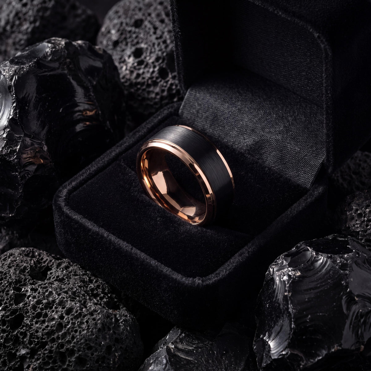 Groomsmen Gifts, Black Rose Gold Tungsten Ring, 8mm Beveled Edge, Custom, Personalized, Minimalist, Handmade, Engraved, Mens Wedding Band