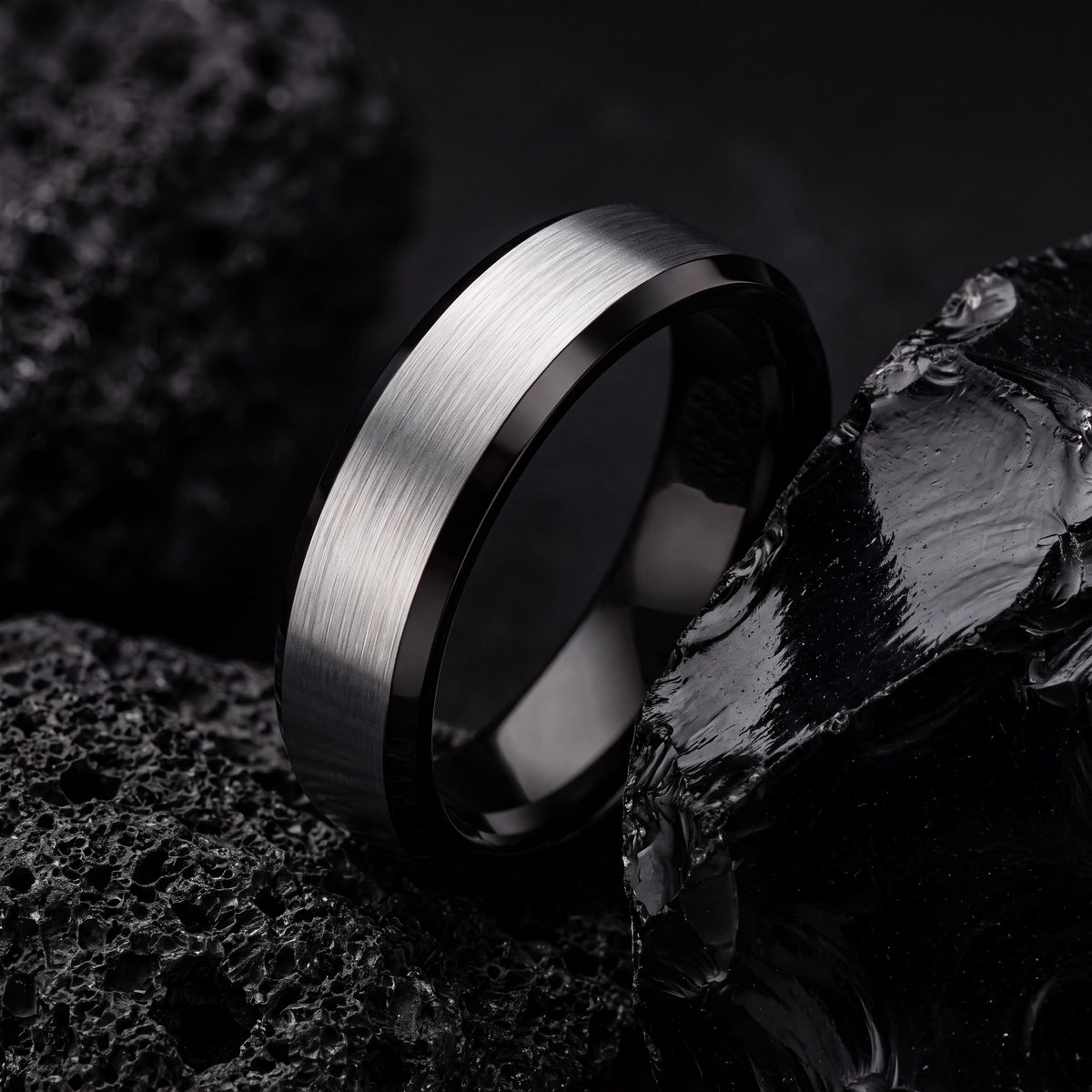 Tungsten Wedding Band, Black and Silver, Engraved Ring