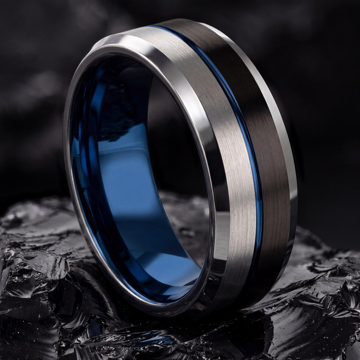 Mens Wedding Band,Mens Tungsten Wedding Band,Mens Wedding Bands,Minimal Wedding Band,Mens Silver Jewelry,Set Of 2 Black,Dusty Blue Wedding,8