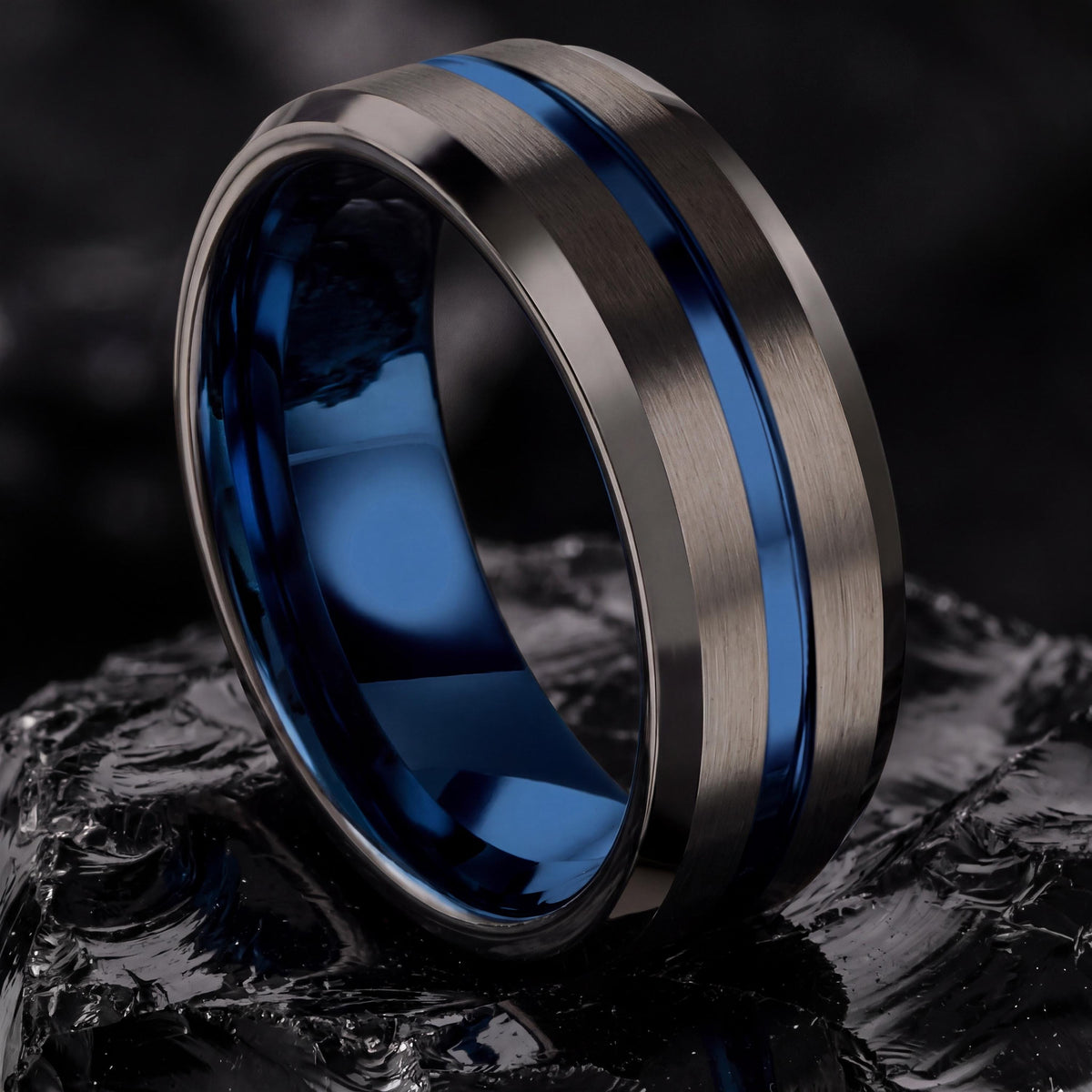 Gunmetal Tungsten Wedding Band, Dusty Blue Centerline, Mens Ring