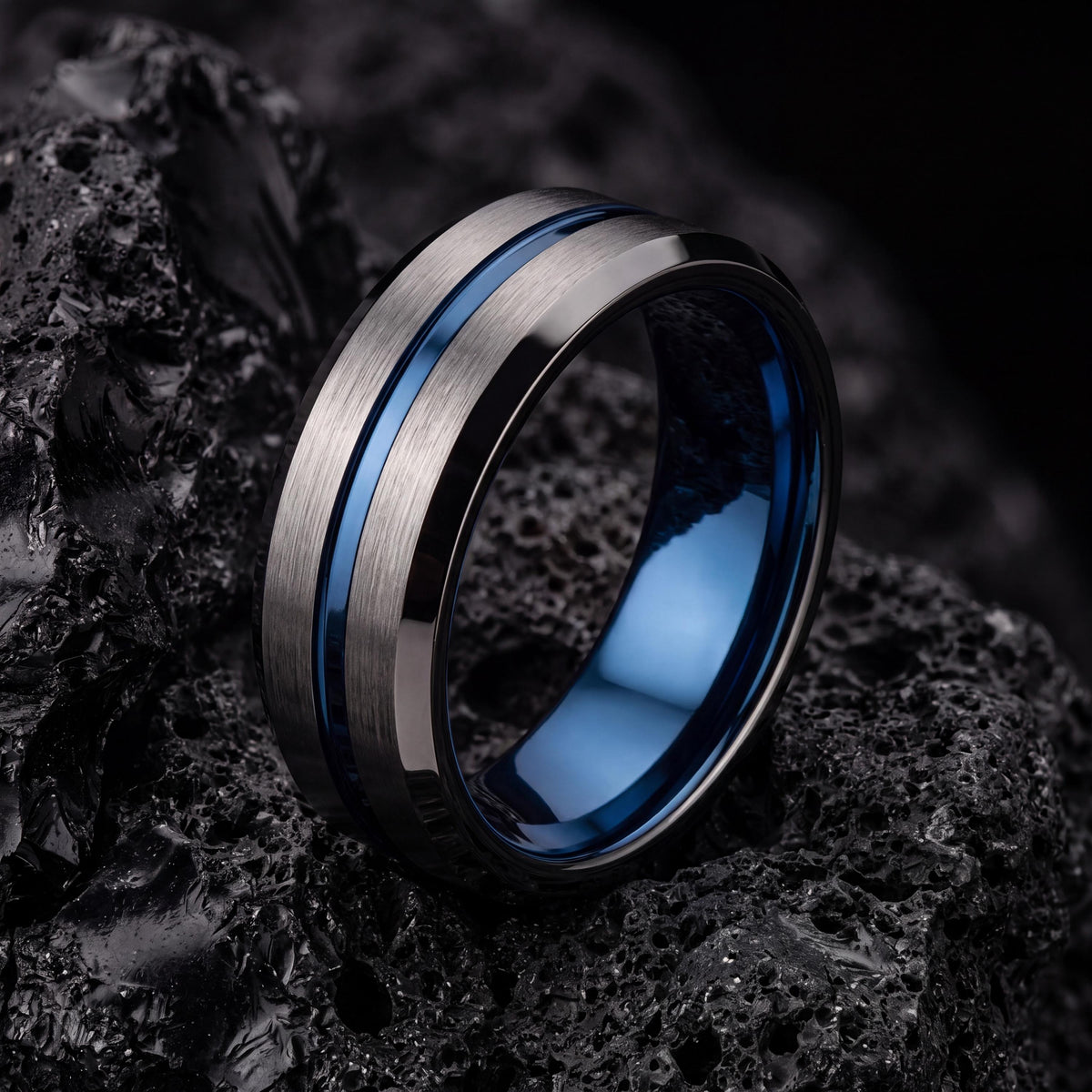 Gunmetal Tungsten Wedding Band, Dusty Blue Centerline, Mens Ring