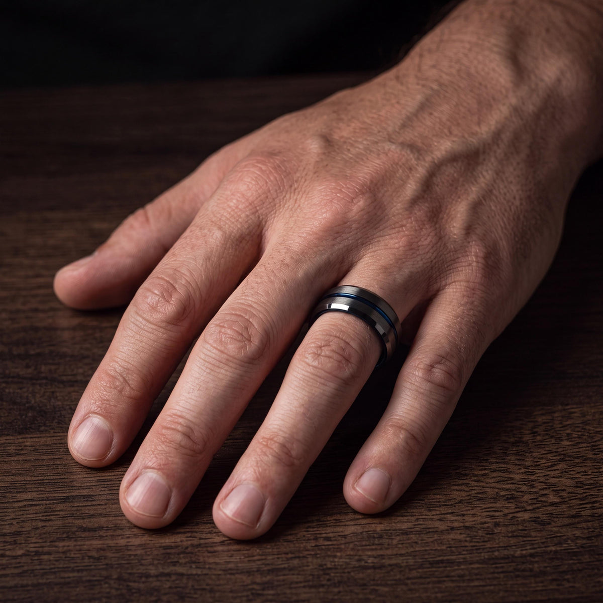 Gunmetal Tungsten Wedding Band, Dusty Blue Centerline, Mens Ring