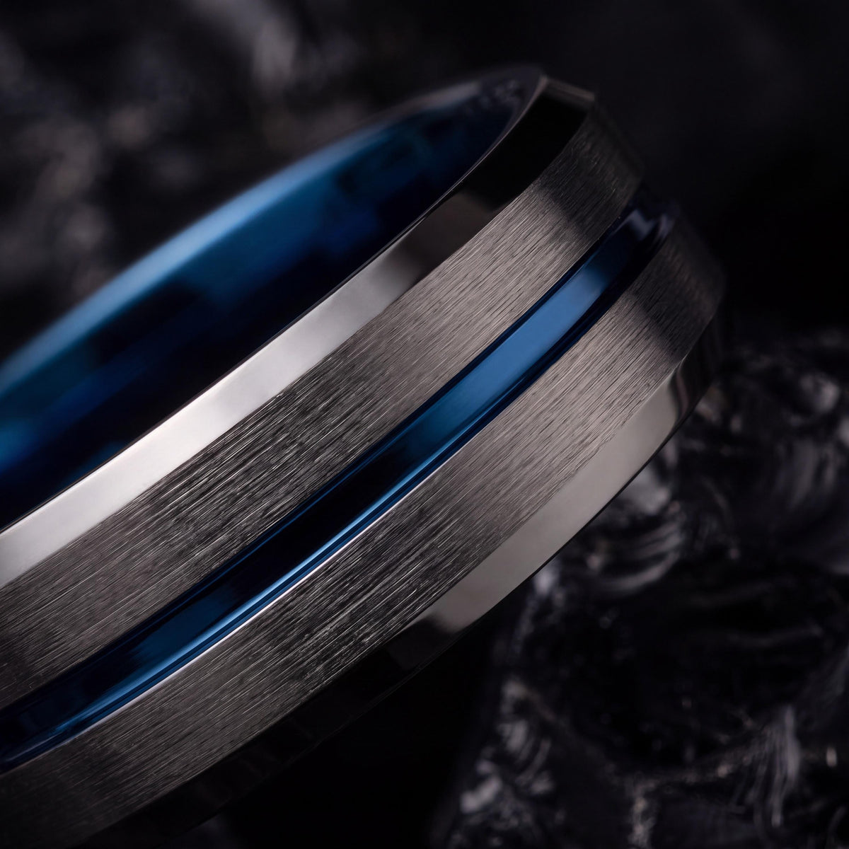 Gunmetal Tungsten Wedding Band, Dusty Blue Centerline, Mens Ring