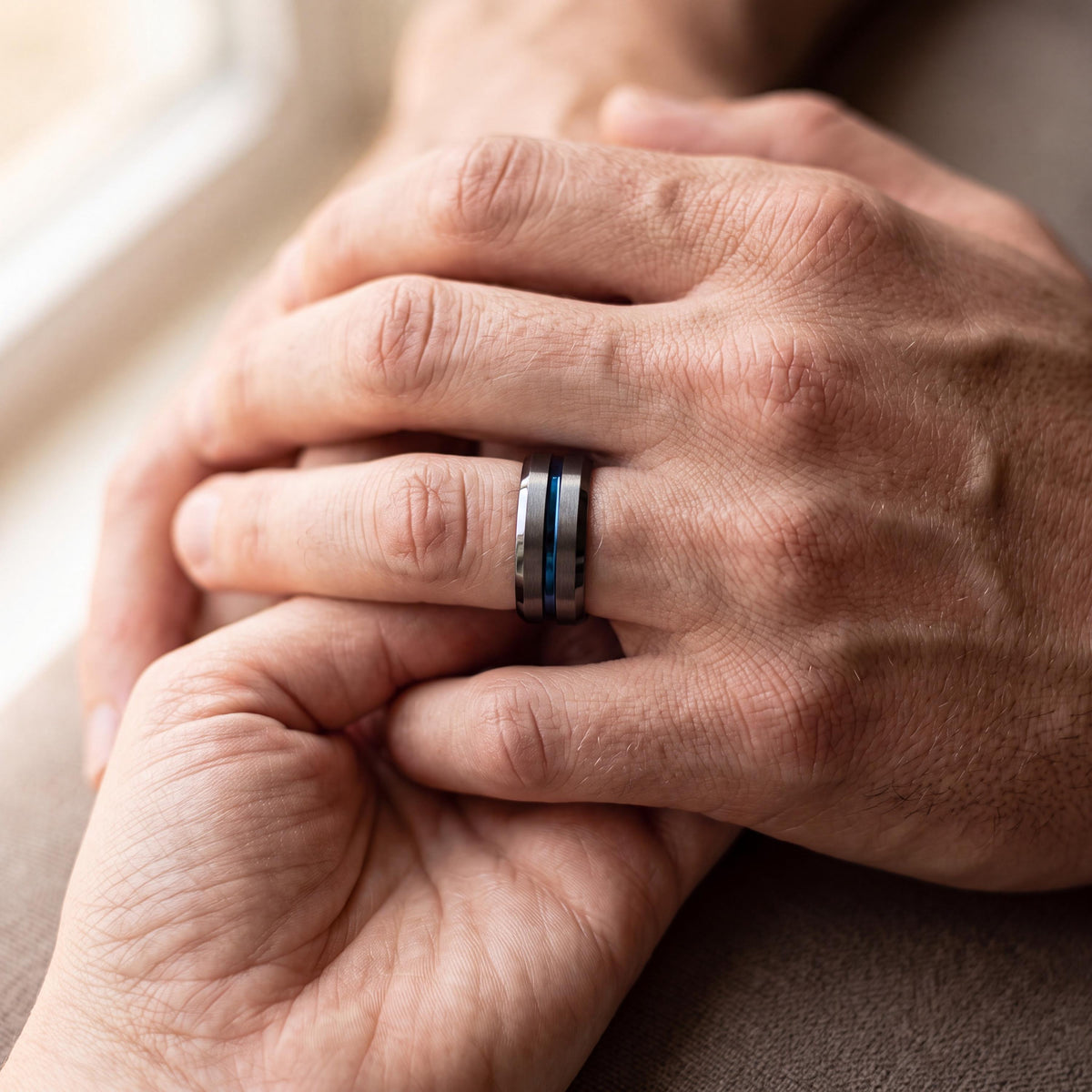 Gunmetal Tungsten Wedding Band, Dusty Blue Centerline, Mens Ring