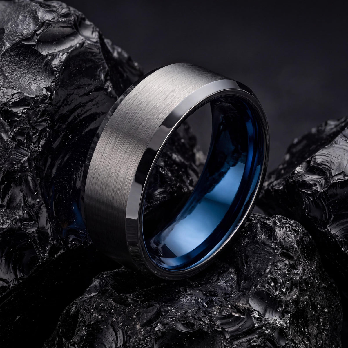 Tungsten Wedding Band,Couples Wedding Bands,Minimal Wedding Band,Male Wedding Band Gunmetal 8mm,Gray Tungsten Wedding Band,Blue Wide Ring,10