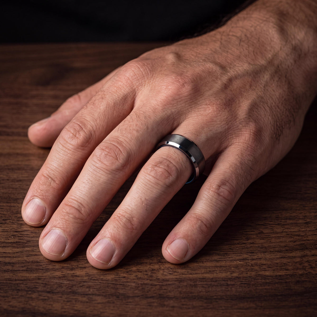 Tungsten Wedding Band,Couples Wedding Bands,Minimal Wedding Band,Male Wedding Band Gunmetal 8mm,Gray Tungsten Wedding Band,Blue Wide Ring,10