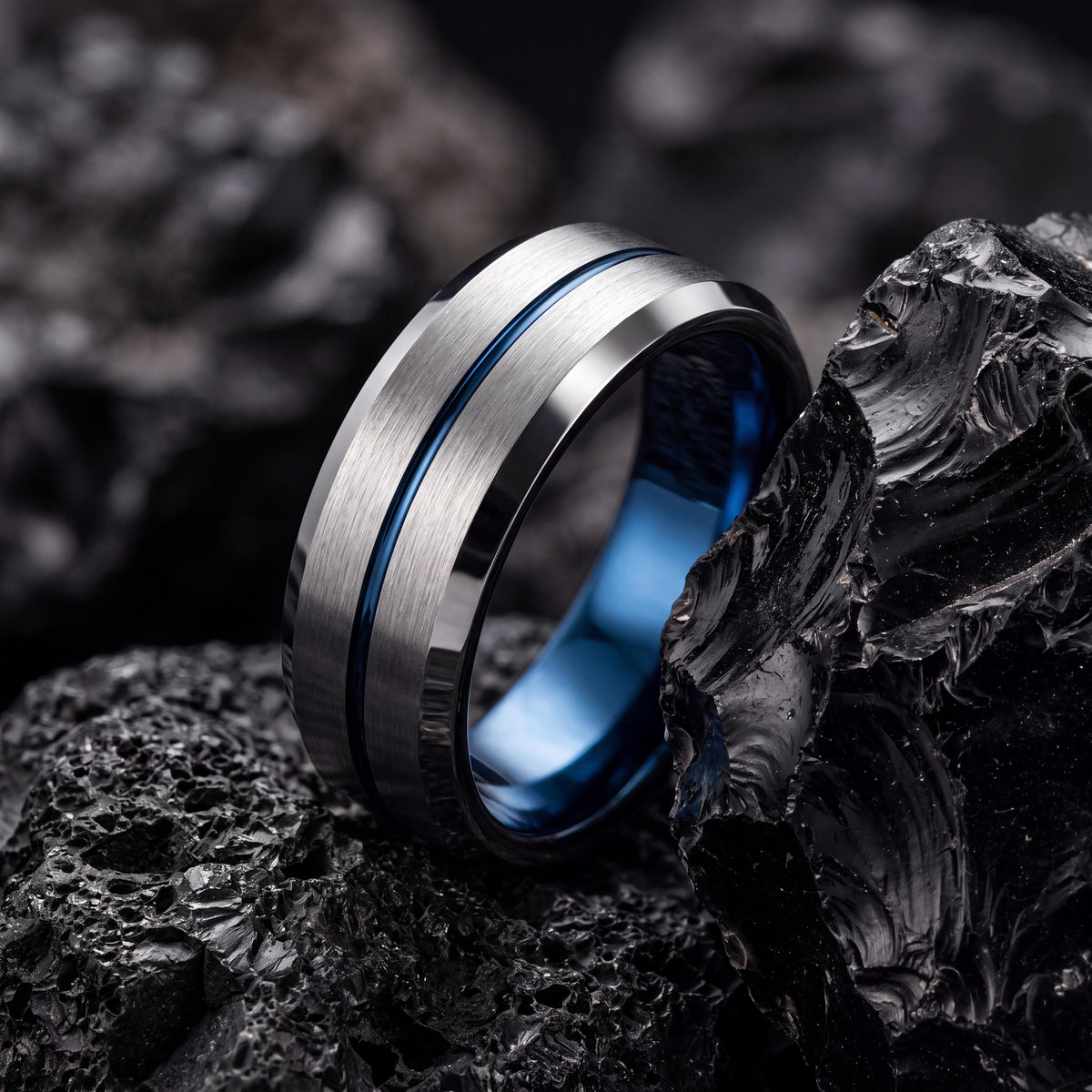 Mens Wedding Band Tungsten,Curved Wedding Band,Wedding Bands Minimalist,Silver Engagement Ring Sturdy,Black Embellished,Blue Wedding Bands,8