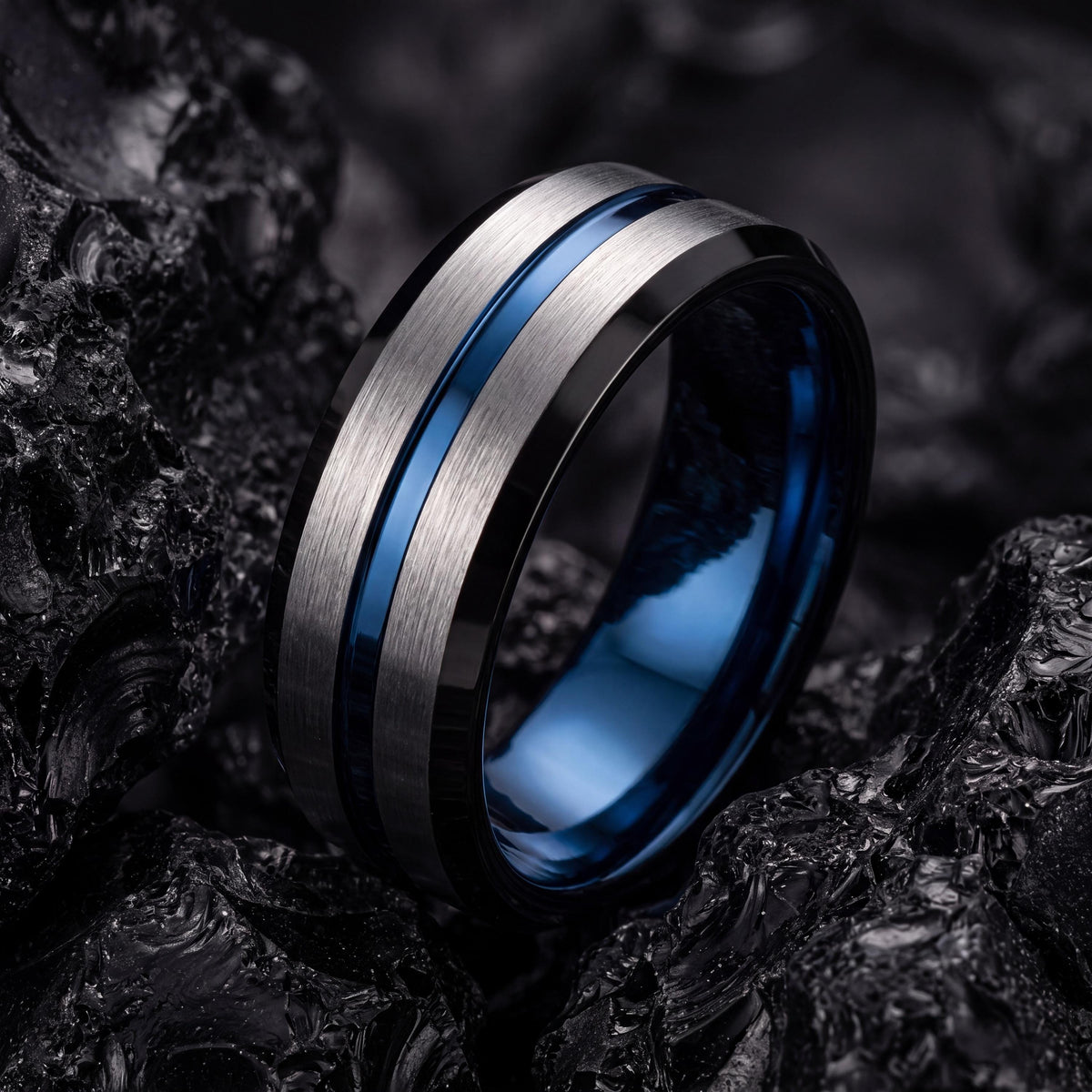 Wedding Band Set His And Hers, Black Tungsten Ring For Men, Birthday Gift For Him, Blue Engagement Ring Silver, Personalized Gift For Her