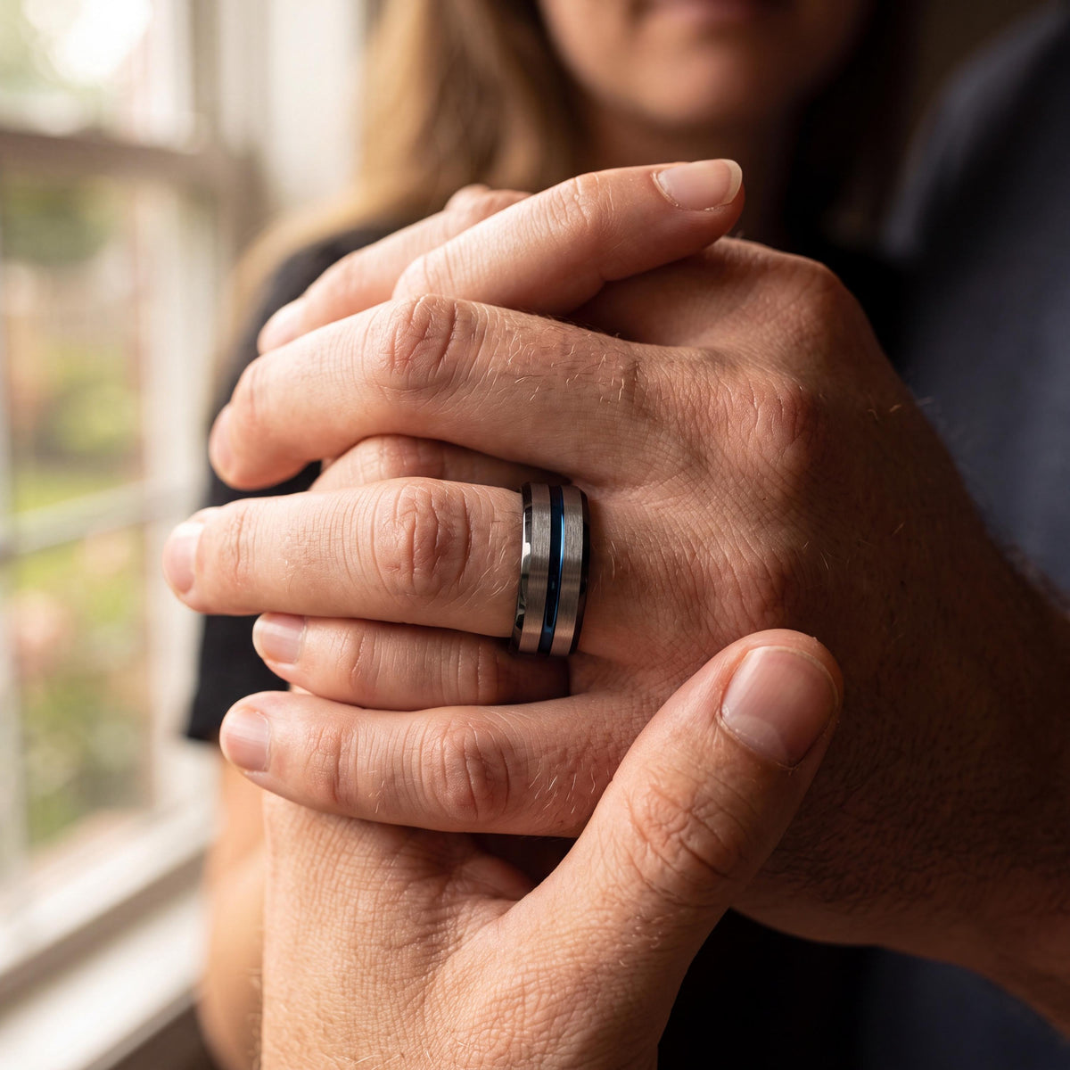 Wedding Band Set His And Hers, Black Tungsten Ring For Men, Birthday Gift For Him, Blue Engagement Ring Silver, Personalized Gift For Her
