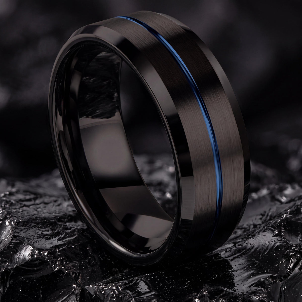 Black Tungsten Wedding Band, Thin Blue Line Ring, Mens Wedding Ring, 8mm Blue Groove Beveled Edge, Comfort Fit, Anniversary Gift for Him