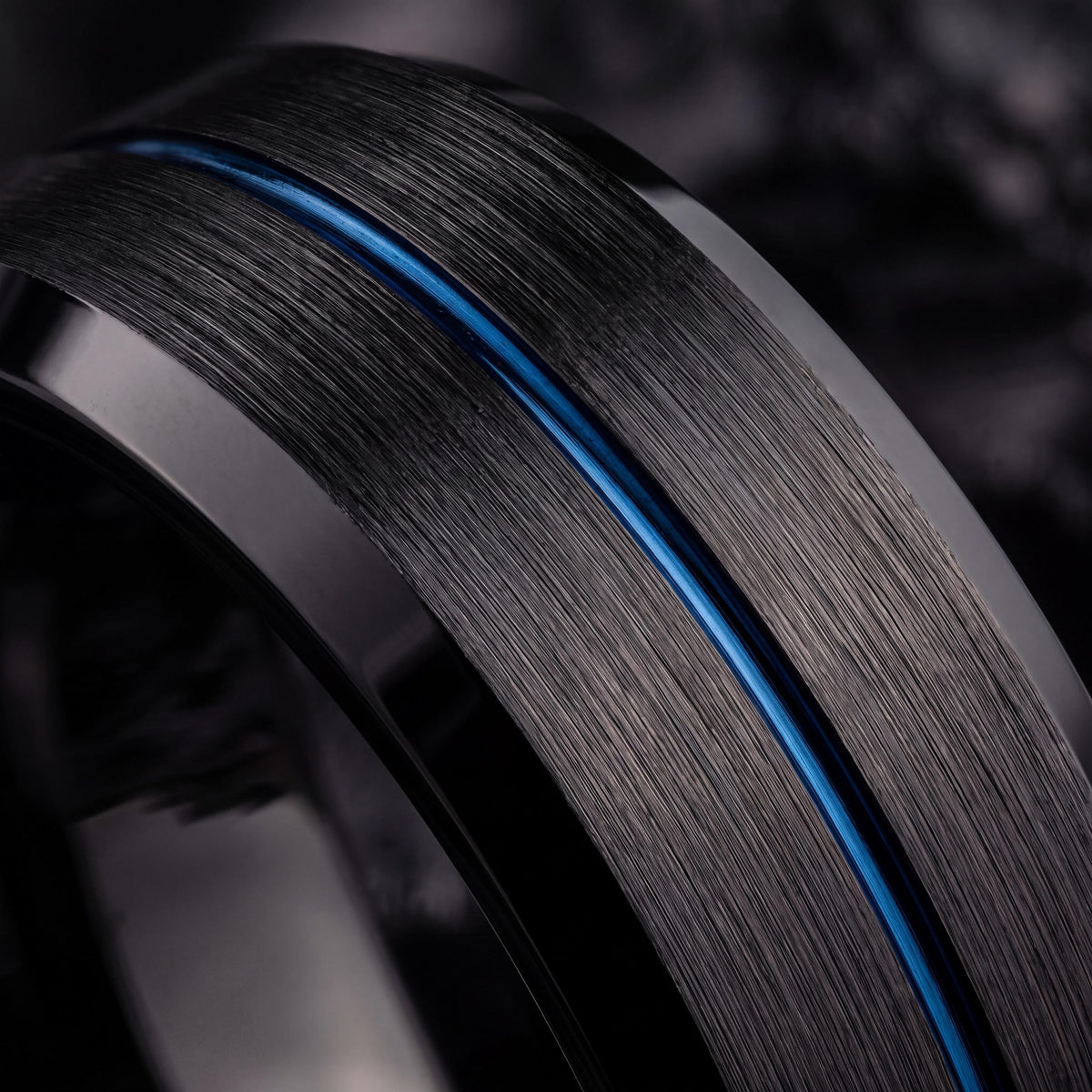 Black Tungsten Wedding Band, Thin Blue Line Ring, Mens Wedding Ring, 8mm Blue Groove Beveled Edge, Comfort Fit, Anniversary Gift for Him