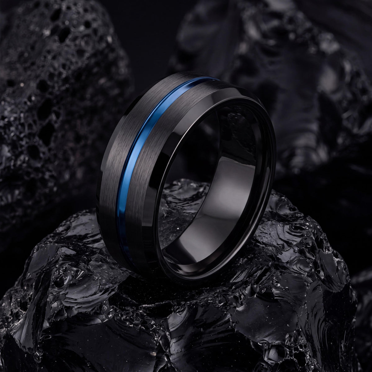 Black Tungsten Wedding Band Set, Blue Center Line, Personalized Promise Rings