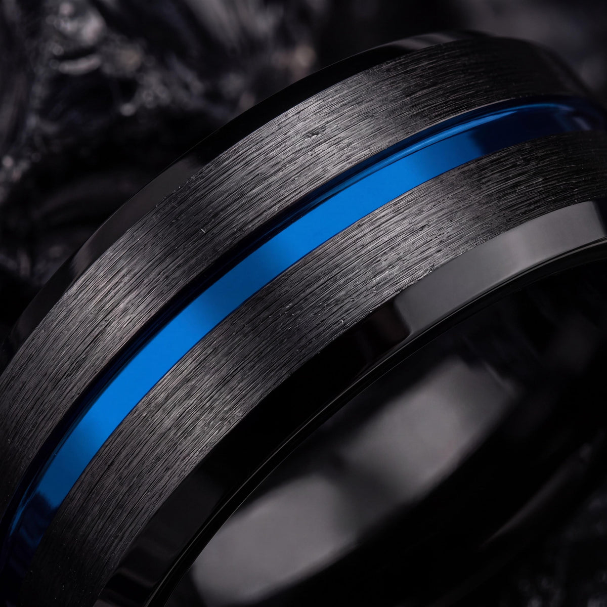 Black Tungsten Wedding Band Set, Blue Center Line, Personalized Promise Rings