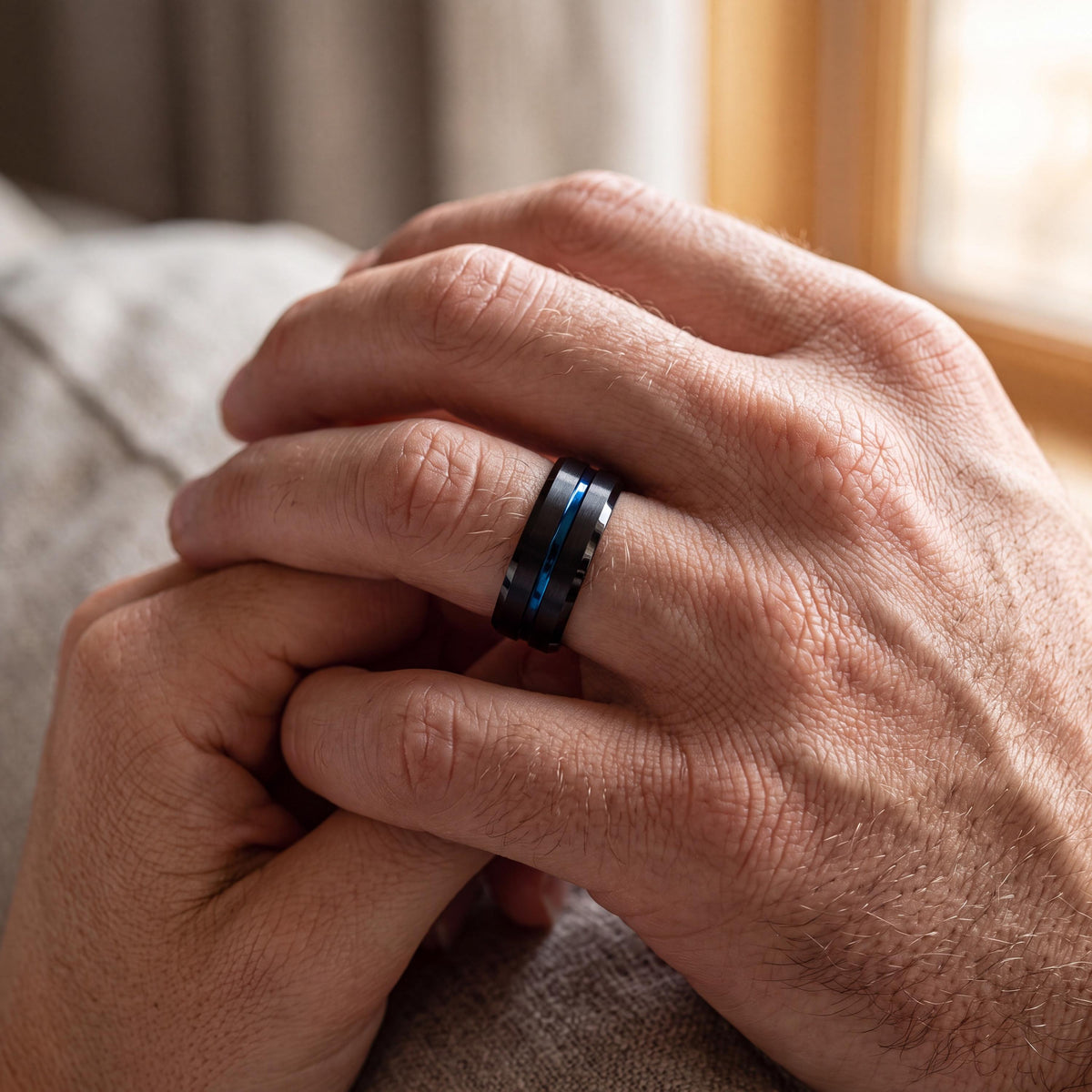 Black Tungsten Wedding Band Set, Blue Center Line, Personalized Promise Rings