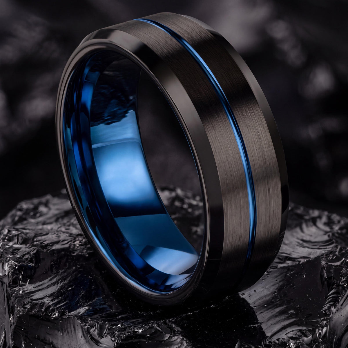 Mens Black Tungsten Wedding Band, Blue Center Line, Bevel Edge