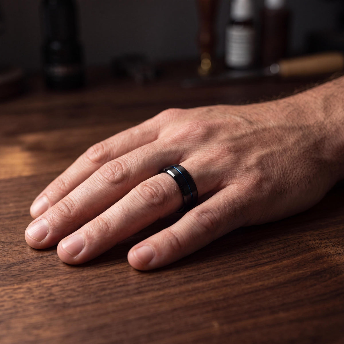Mens Black Tungsten Wedding Band, Blue Center Line, Bevel Edge