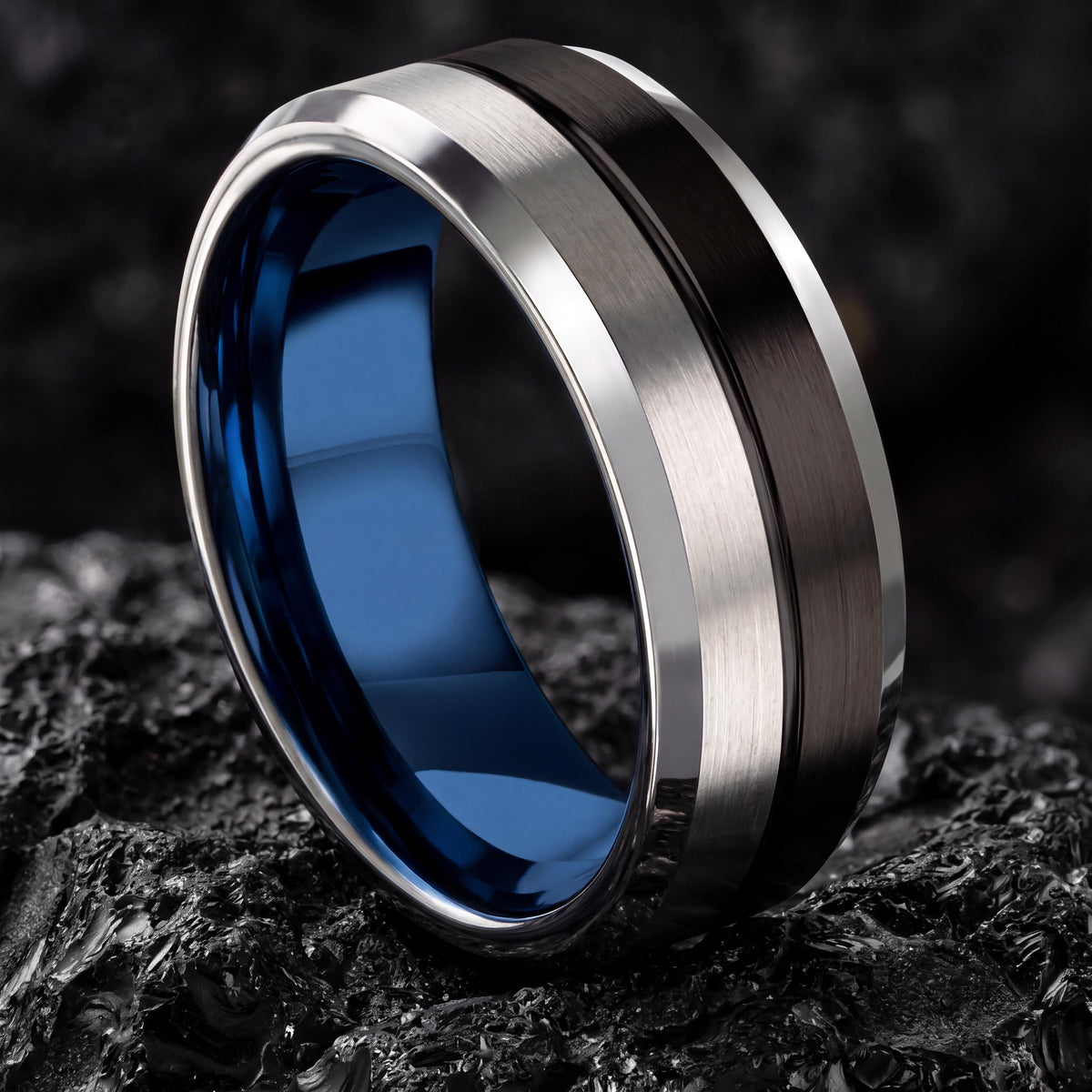Mens Tungsten Wedding Band, Black Silver Ring, Beveled Edge