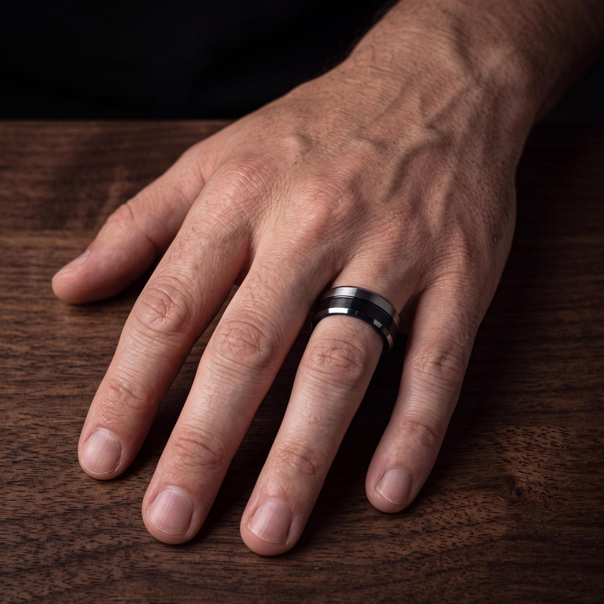 Mens Tungsten Wedding Band, Black Silver Ring, Beveled Edge