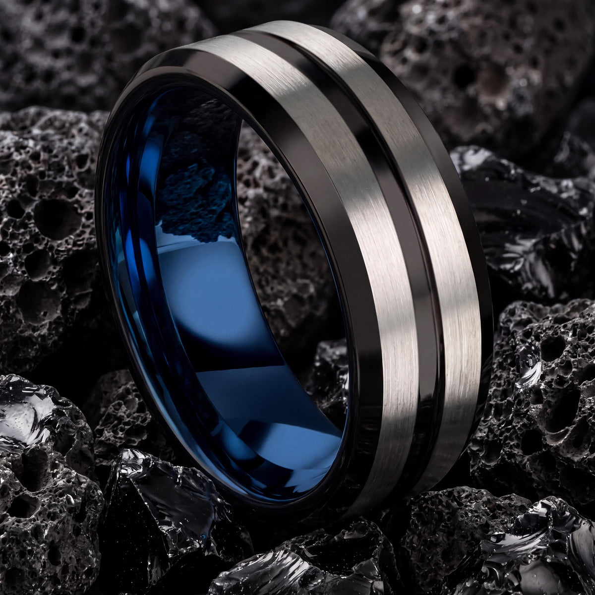 Wedding Bands,Mens Tungsten Wedding Band,Unique Wedding Rings,Couple Wedding Bands,Hammered Silver Ring Women,Black Rings,Blue Wedding Bands
