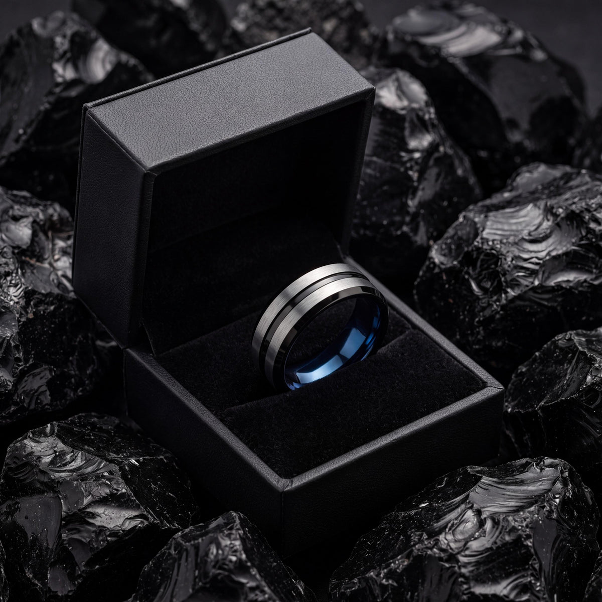 Wedding Bands,Mens Tungsten Wedding Band,Unique Wedding Rings,Couple Wedding Bands,Hammered Silver Ring Women,Black Rings,Blue Wedding Bands