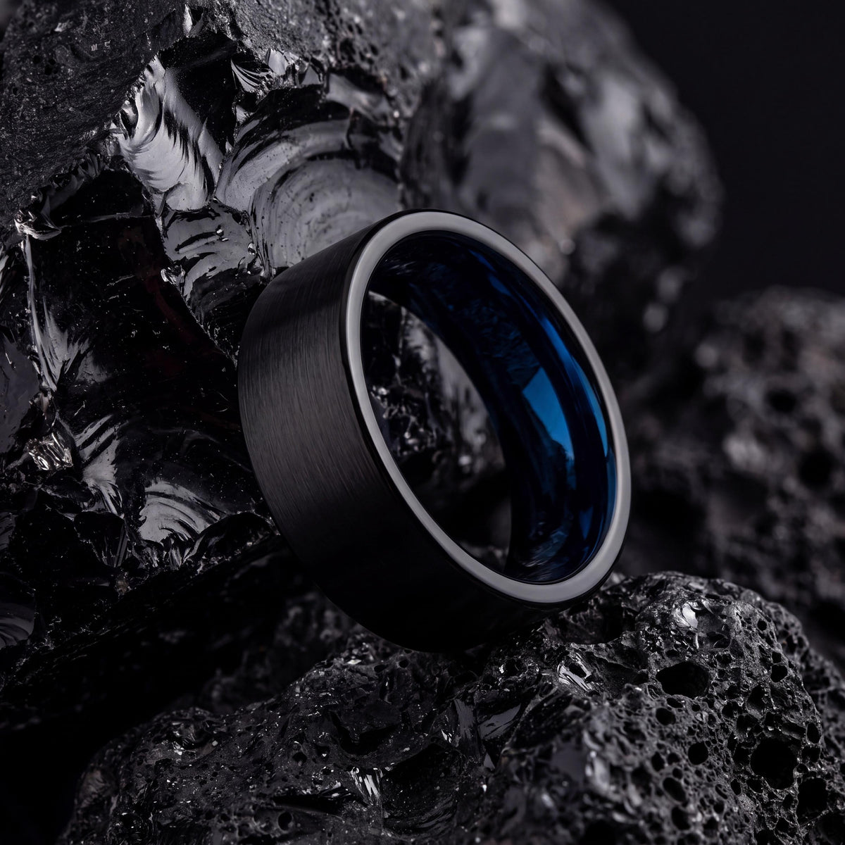 Black Tungsten Wedding Band, Blue Interior, Comfort Fit