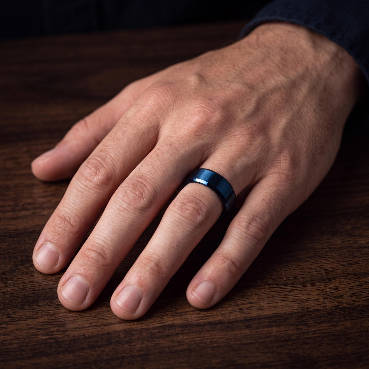 Mens Blue Tungsten Wedding Band, Bevel Edge Ring