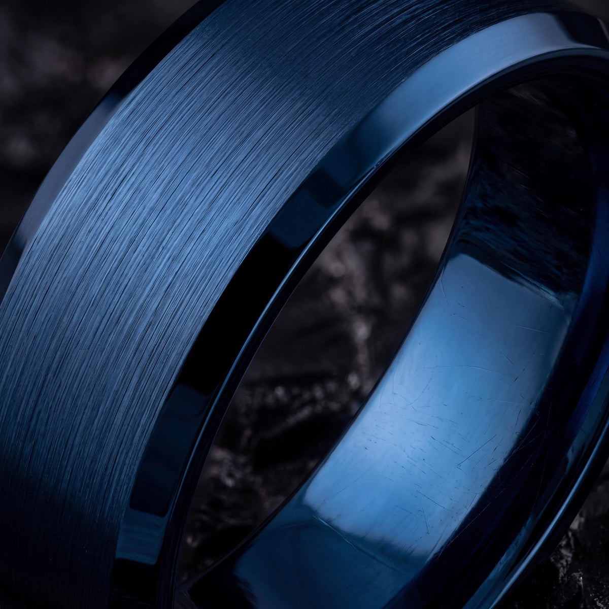 Mens Blue Tungsten Wedding Band, Bevel Edge Ring