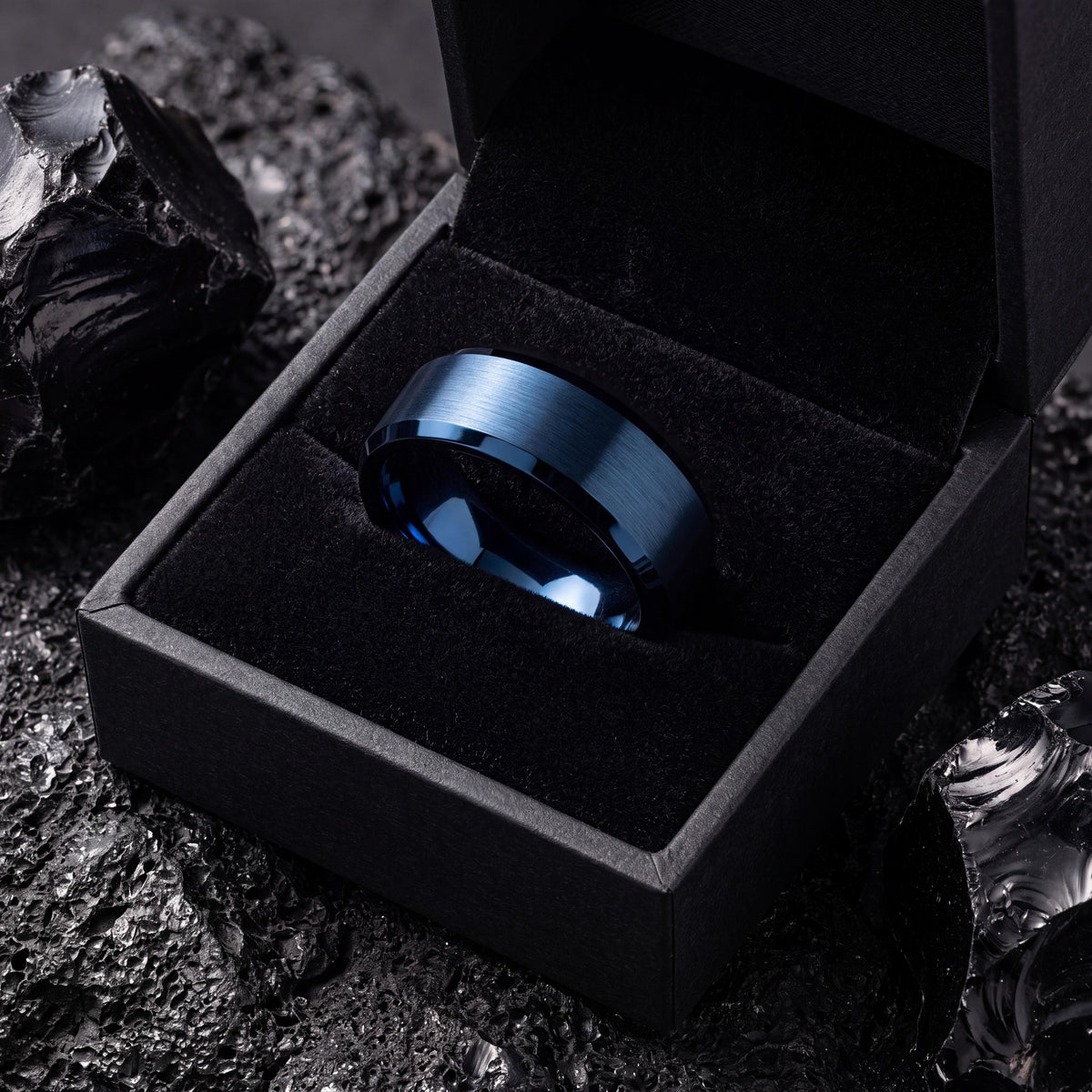 Mens Blue Tungsten Wedding Band, Bevel Edge Ring