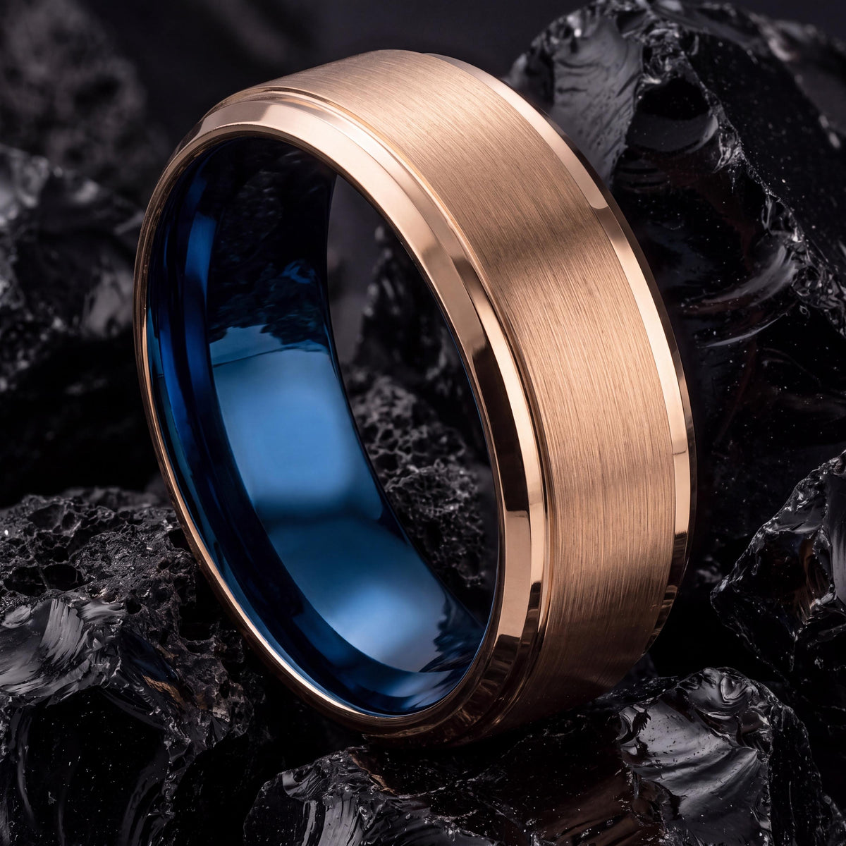 Mens Wedding Band,Mens Tungsten Wedding Band,Curved Wedding Band,Alternative Wedding,Rose Gold Cursive Letters,Dainty Blue Ring Stackable,10