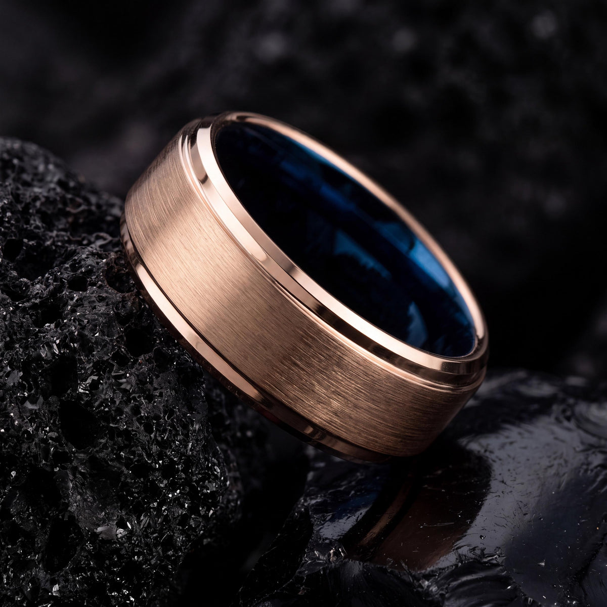 Mens Wedding Band,Mens Tungsten Wedding Band,Curved Wedding Band,Alternative Wedding,Rose Gold Cursive Letters,Dainty Blue Ring Stackable,10