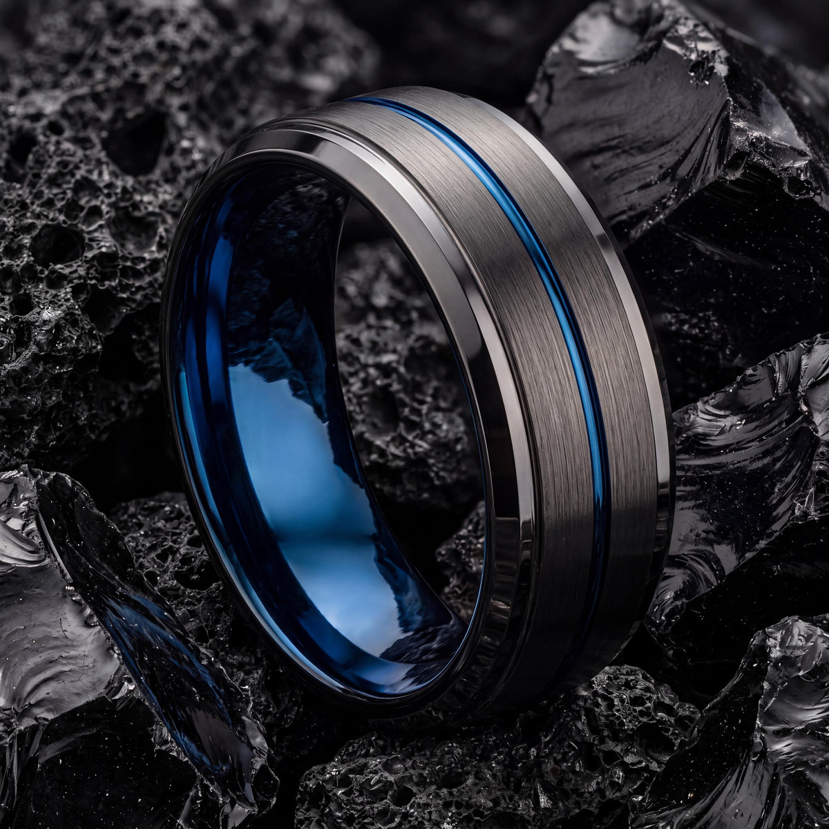 Mens Tungsten Wedding Band,Matching Wedding Bands His and Hers,Mens Wedding Band Etched,Male Wedding Band Gunmetal 6mm,Dusty Blue Wedding,10