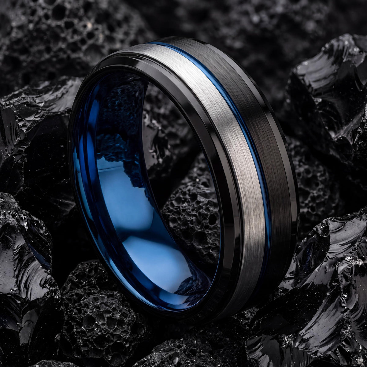 Mens Wedding Band,Mens Tungsten Wedding Band,Womens Wedding Bands,Tapered Wedding Band,Silver Band Lettering,Mens Wedding Band Black,Blue,10