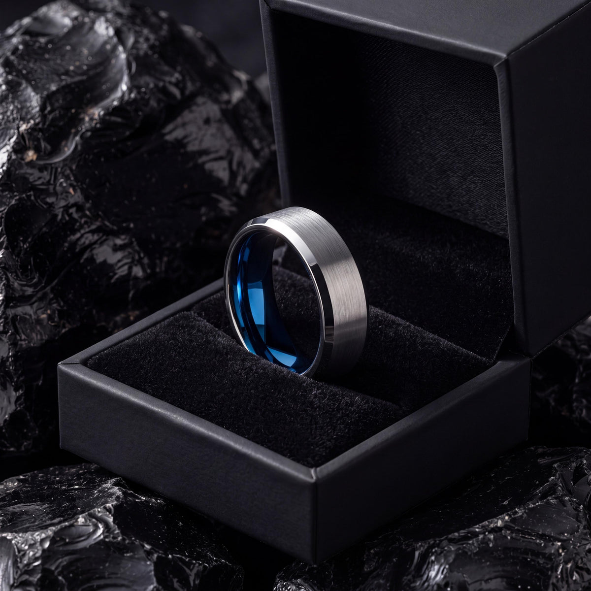 Silver Tungsten Ring For Men, Personalized Gifts for Him, Promise Ring for Her, Blue Wedding Band, Engagement Gift, Wife Christmas Gift