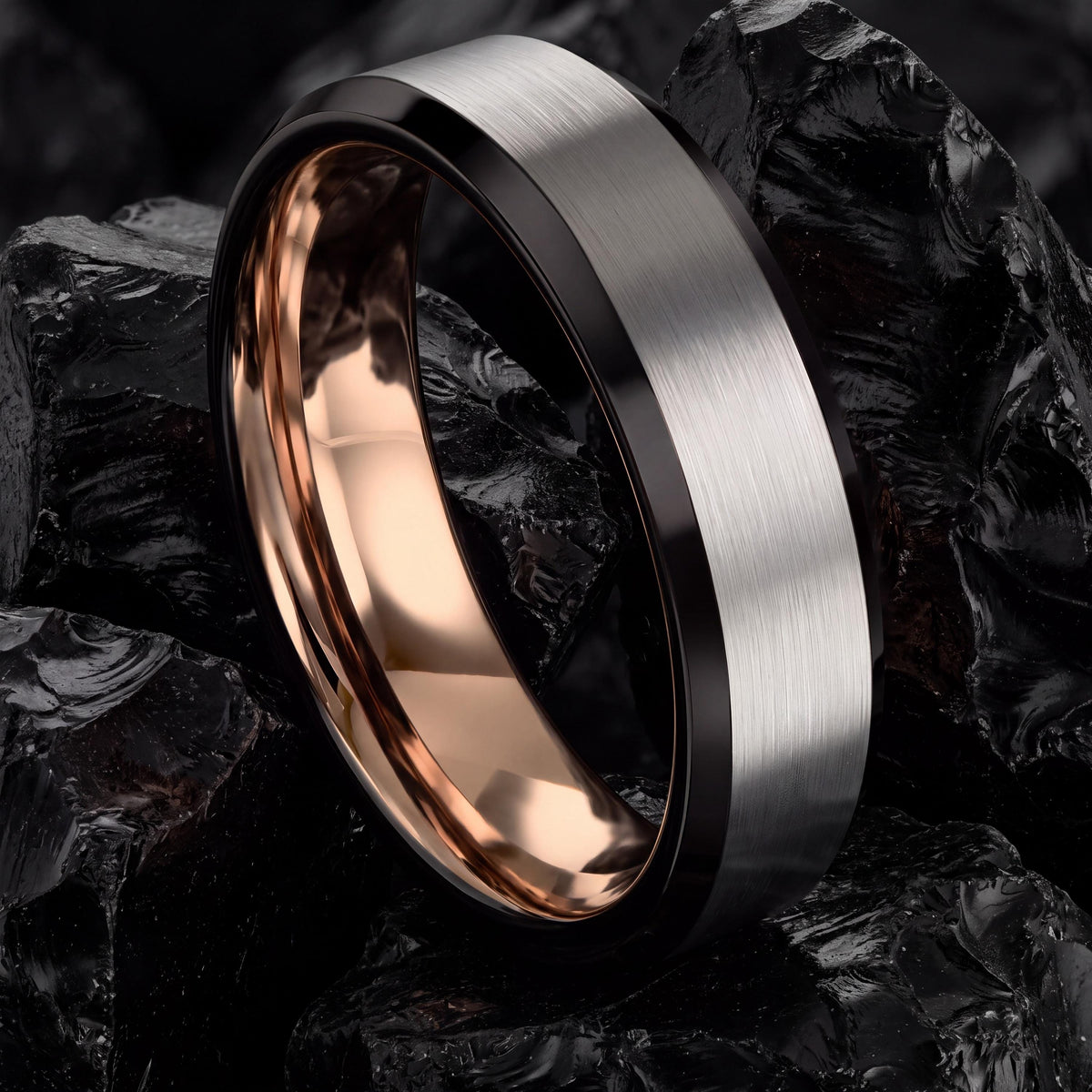 Mens Wedding Band Black, Rose Gold Tungsten Ring, Birthday Gifts For Him, Anniversary Gifts For Boyfriend, Christmas Gift For Him, Women