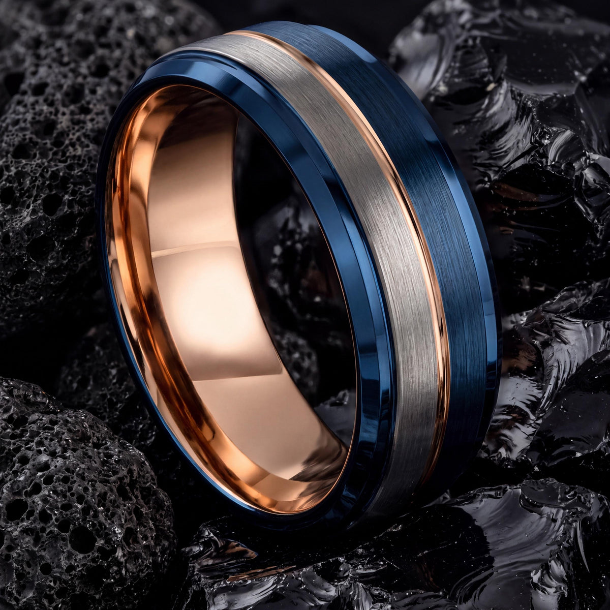 Mens Wedding Band,Tungsten Wedding Band,Unique Wedding Band,Contour Wedding Band,Dainty Ring Silver,Rose Gold Stacking Ring,Blue Band Ring,8