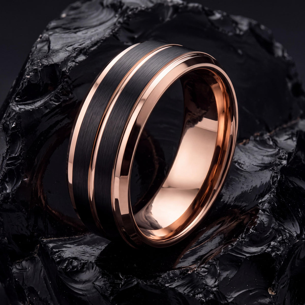 Mens Tungsten Wedding Band, Rose Gold Wedding Ring, Black Wedding Band Men, Black Engagement Ring, Mens Black Ring, Mens Anniversary Ring