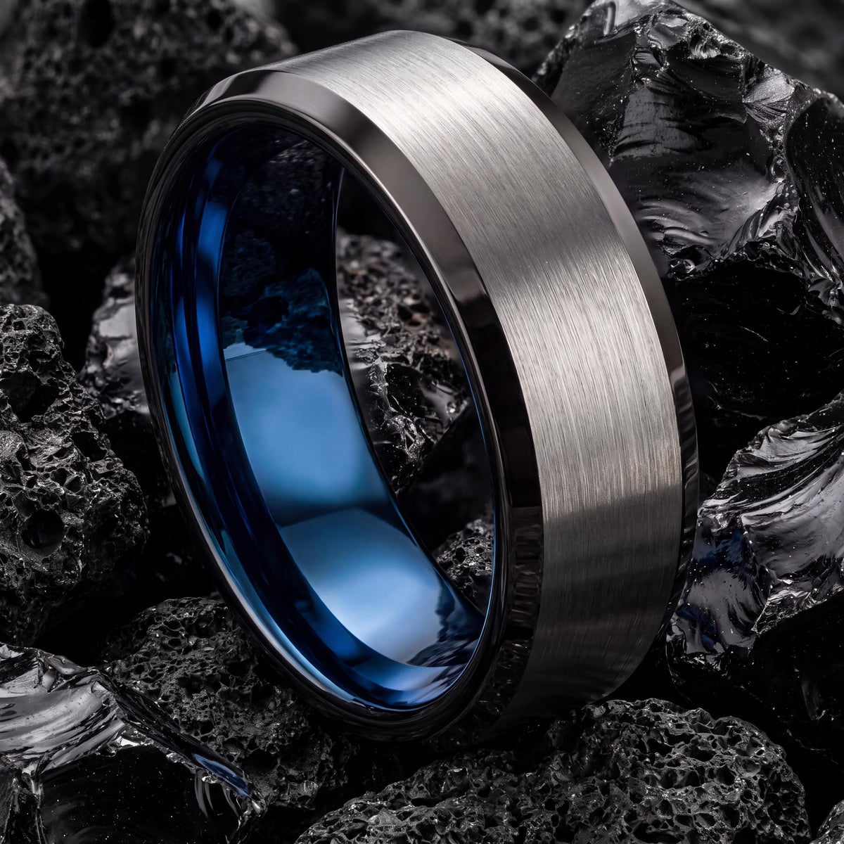 Tungsten Wedding Band,Wedding Engagement Rings,His and Hers Wedding Rings,Male Wedding Band Gunmetal 8mm,Silver Mens Rings,Mens Blue Ring,10