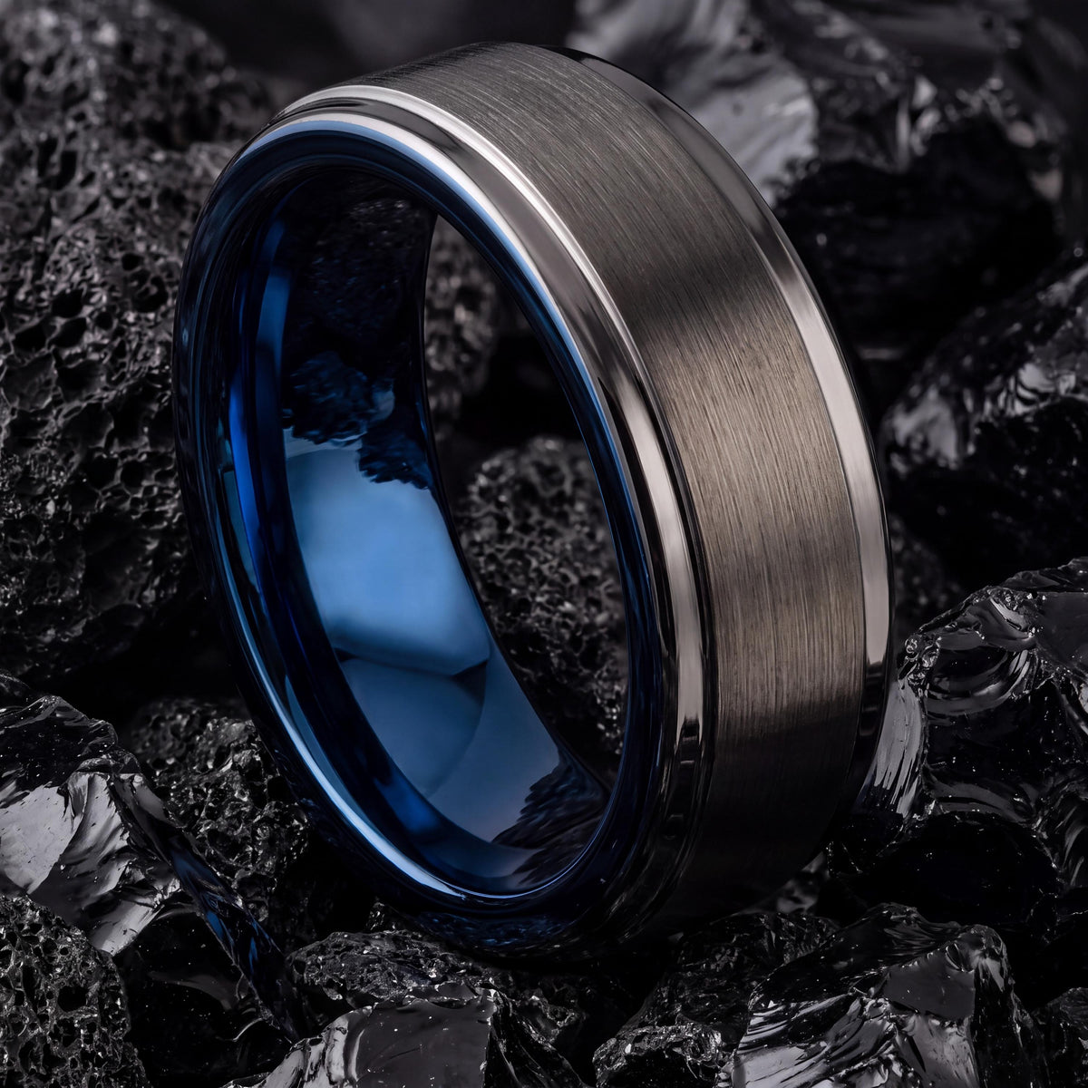 Wedding Band,Mens Tungsten Wedding Band,Matching Wedding Bands,Mens Wedding Band Engraved,Male Wedding Band Gunmetal 6mm,Mens Rings Blue,For