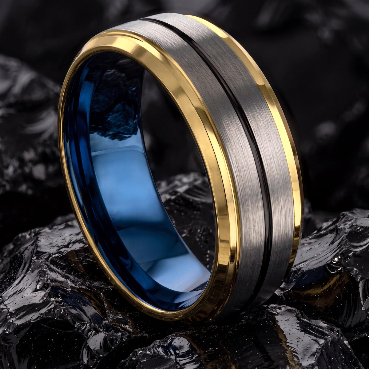 Mens Wedding Band Tungsten,Men Wedding Band,Wedding Rings Sets His and Hers,Chunky Gold Ring,Silver Set Mens,Black Metal,Blue Wedding Ring,8