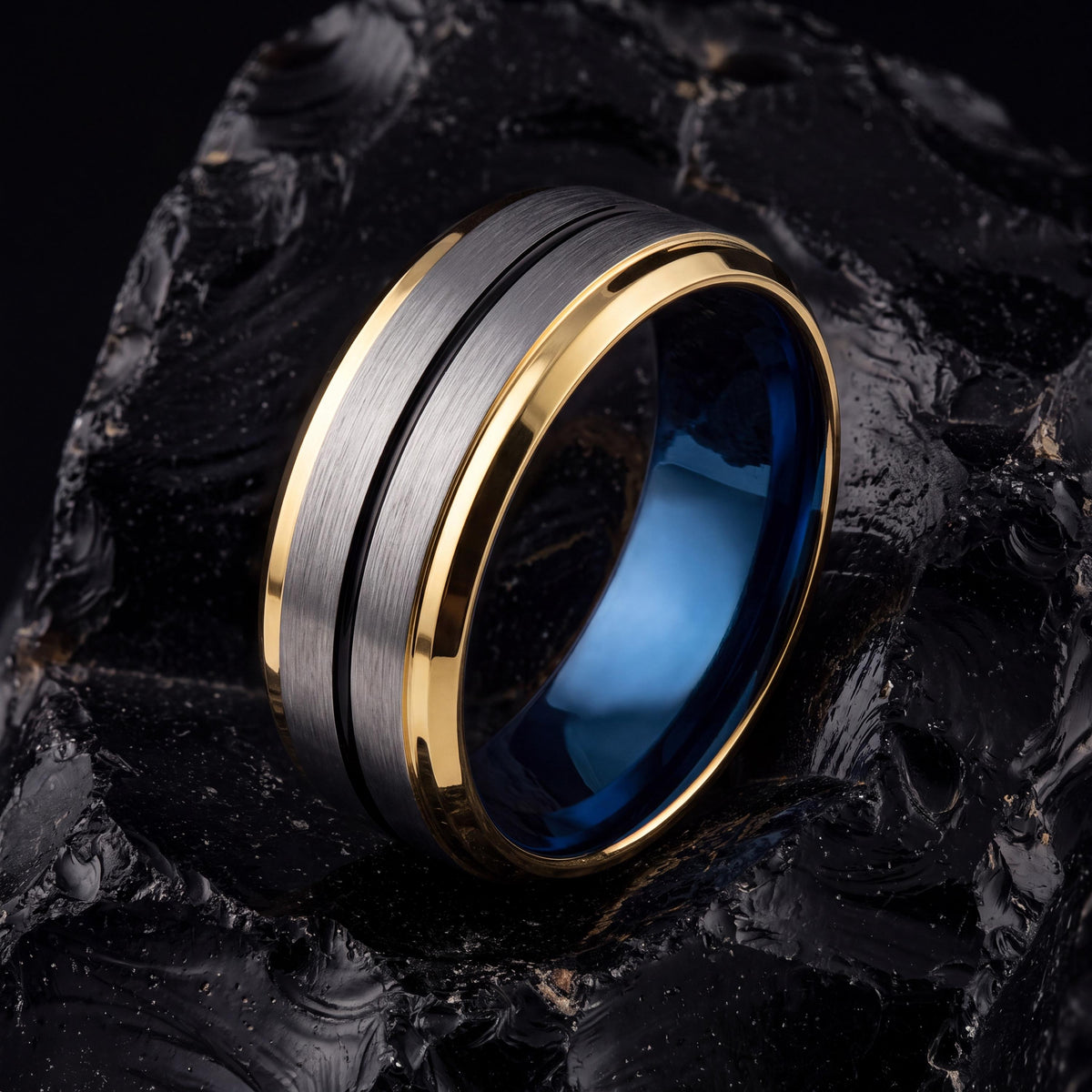 Mens Wedding Band Tungsten,Men Wedding Band,Wedding Rings Sets His and Hers,Chunky Gold Ring,Silver Set Mens,Black Metal,Blue Wedding Ring,8