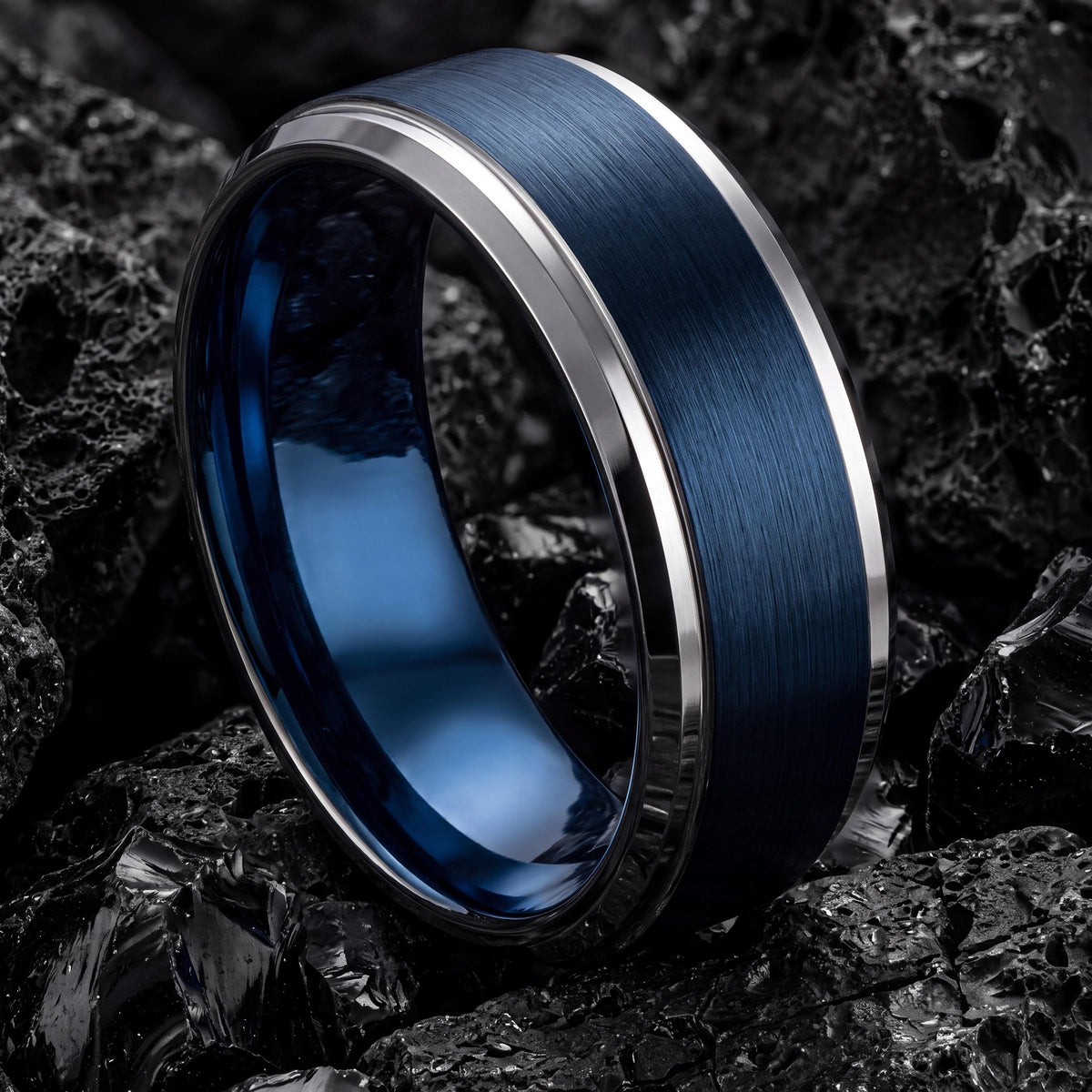 Mens Tungsten Wedding Band,Womens Wedding Band,Two Tone Wedding Band Set,Silver and Blue Band Ring,Womens Silver Rings,Blue Wedding Bands,10