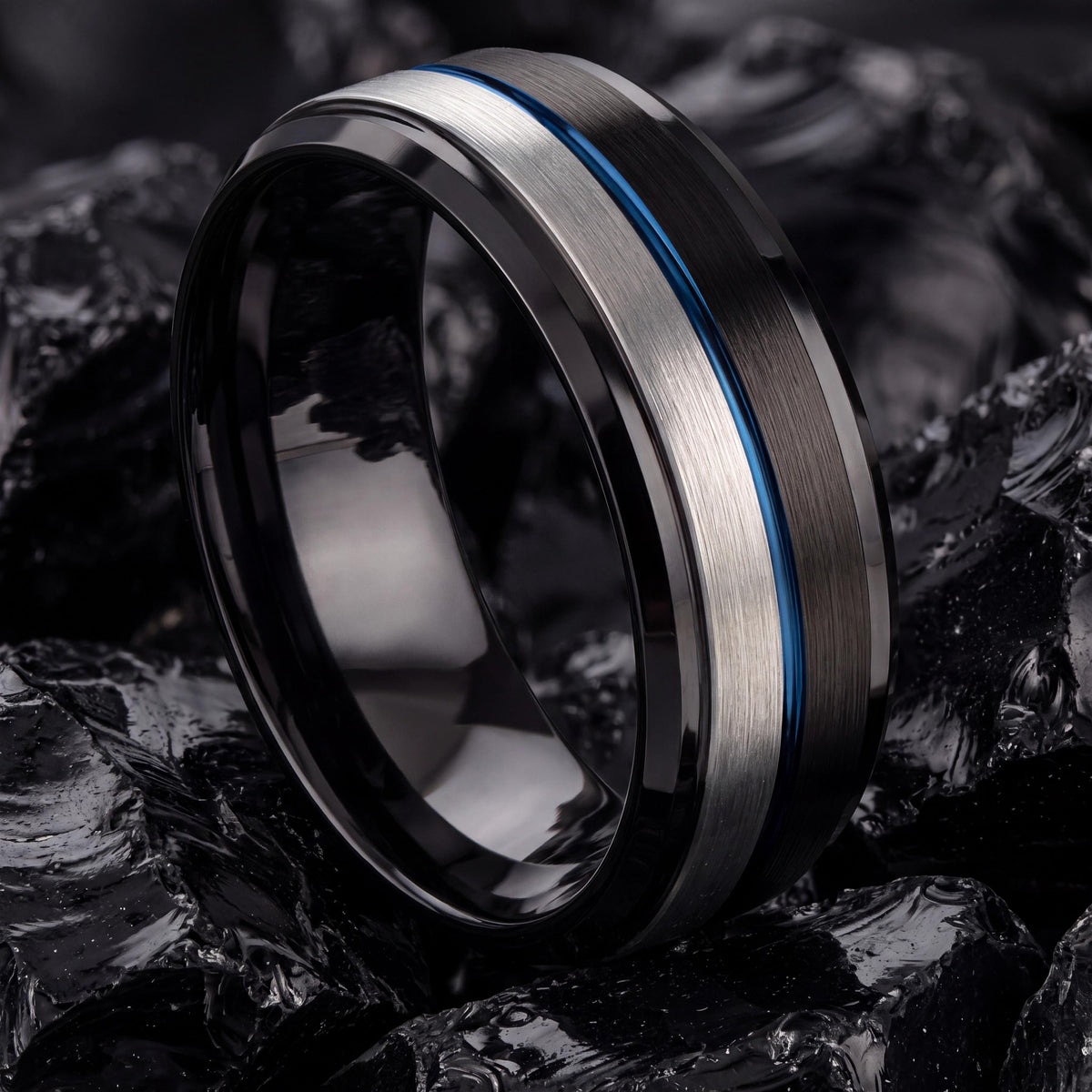 Mens Wedding Band,Tungsten Wedding Band,Mens Wedding Ring,Wedding Bands Minimalist,Matching Silver Rings,Black Wedding Ring,Mens Blue Ring,8