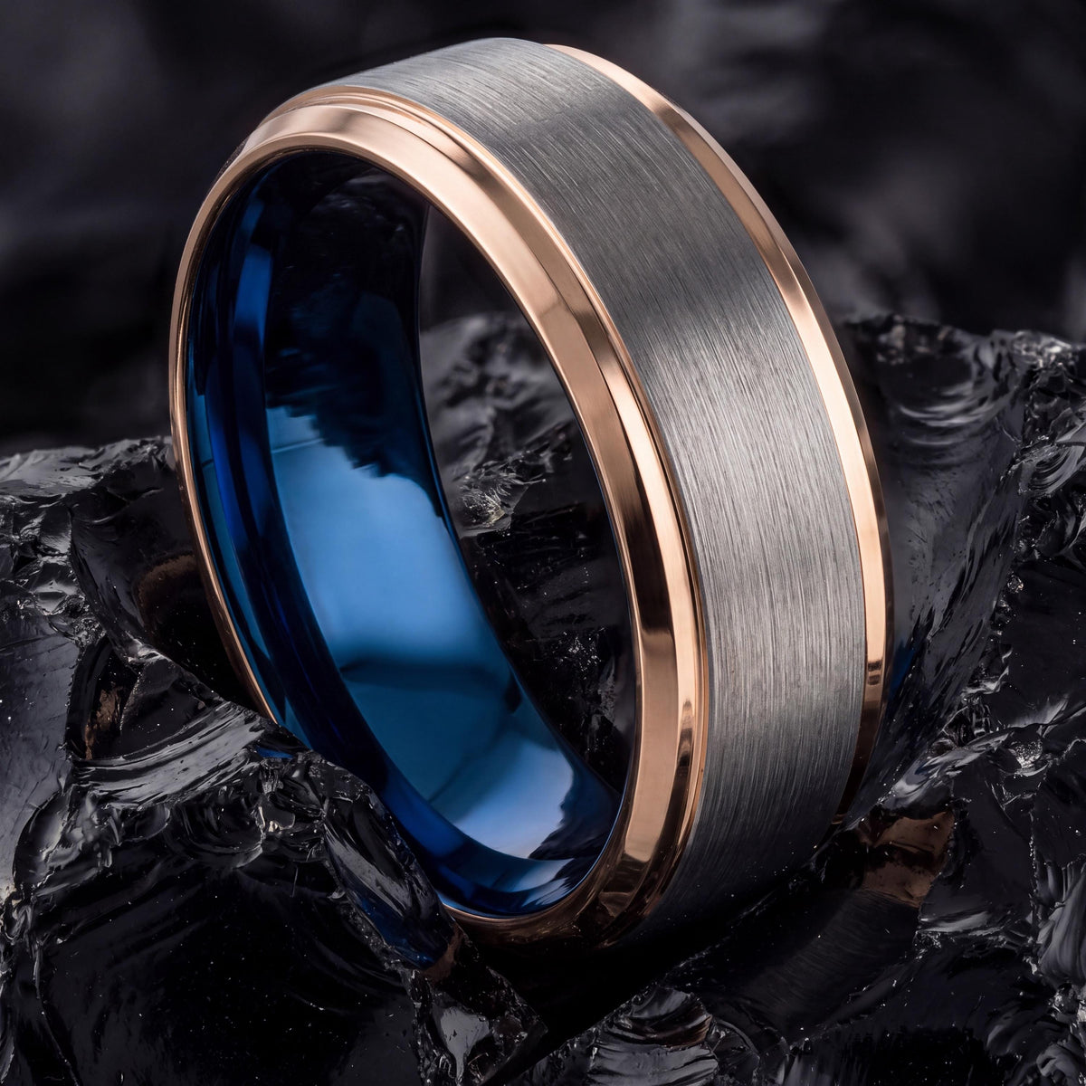 Mens Tungsten Wedding Band,Mens Wedding Ring,Two Tone Wedding Band Set,Mens Wedding Bands Silver,Rose Gold Stacking Ring,Blue Wedding Ring,8