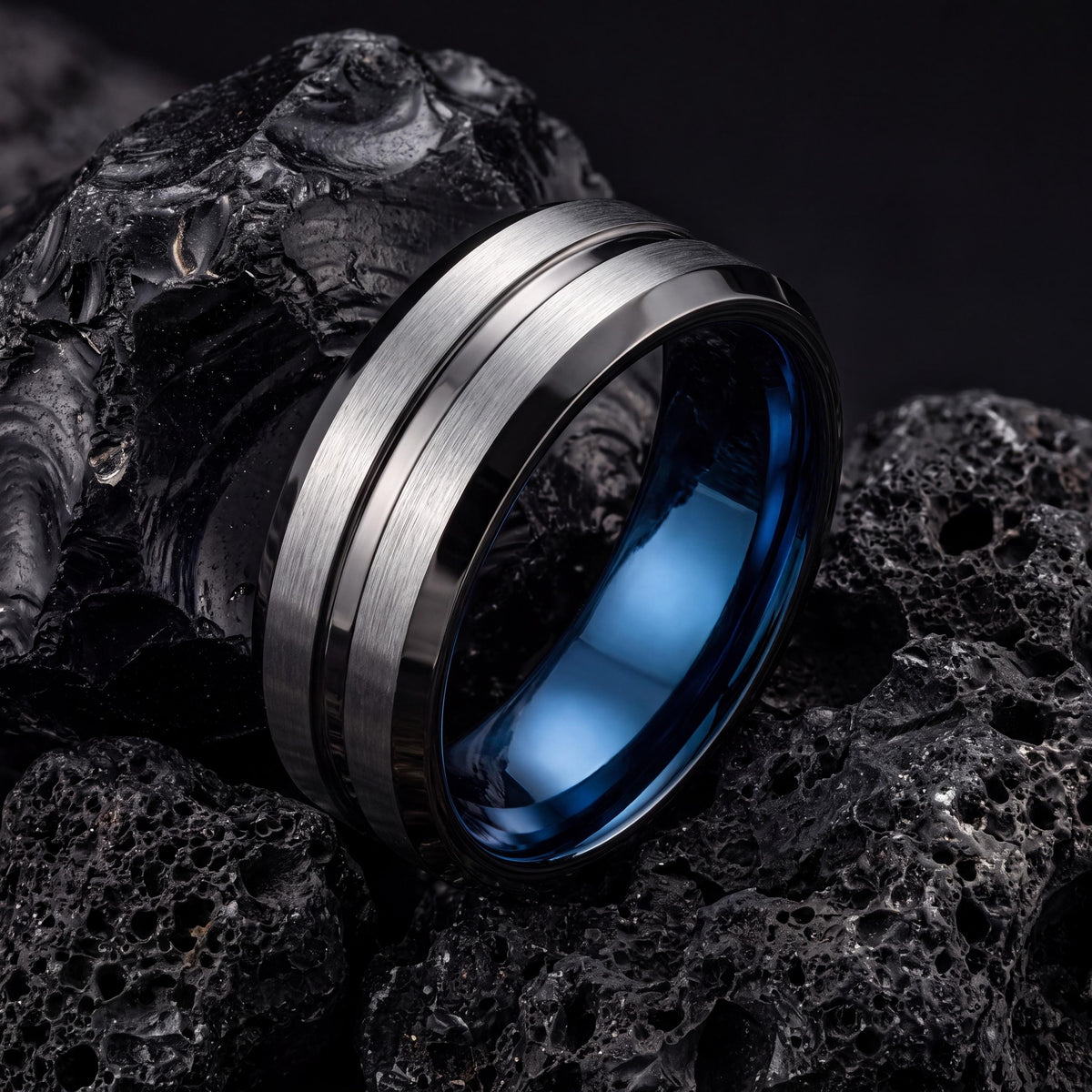 Wedding Band Set His And Hers,Mens 8Mm Two Tone Wedding Band,Male Wedding Band Gunmetal 4Mm,Silver Wedding Band Ring Women,Blue Band Ring,10