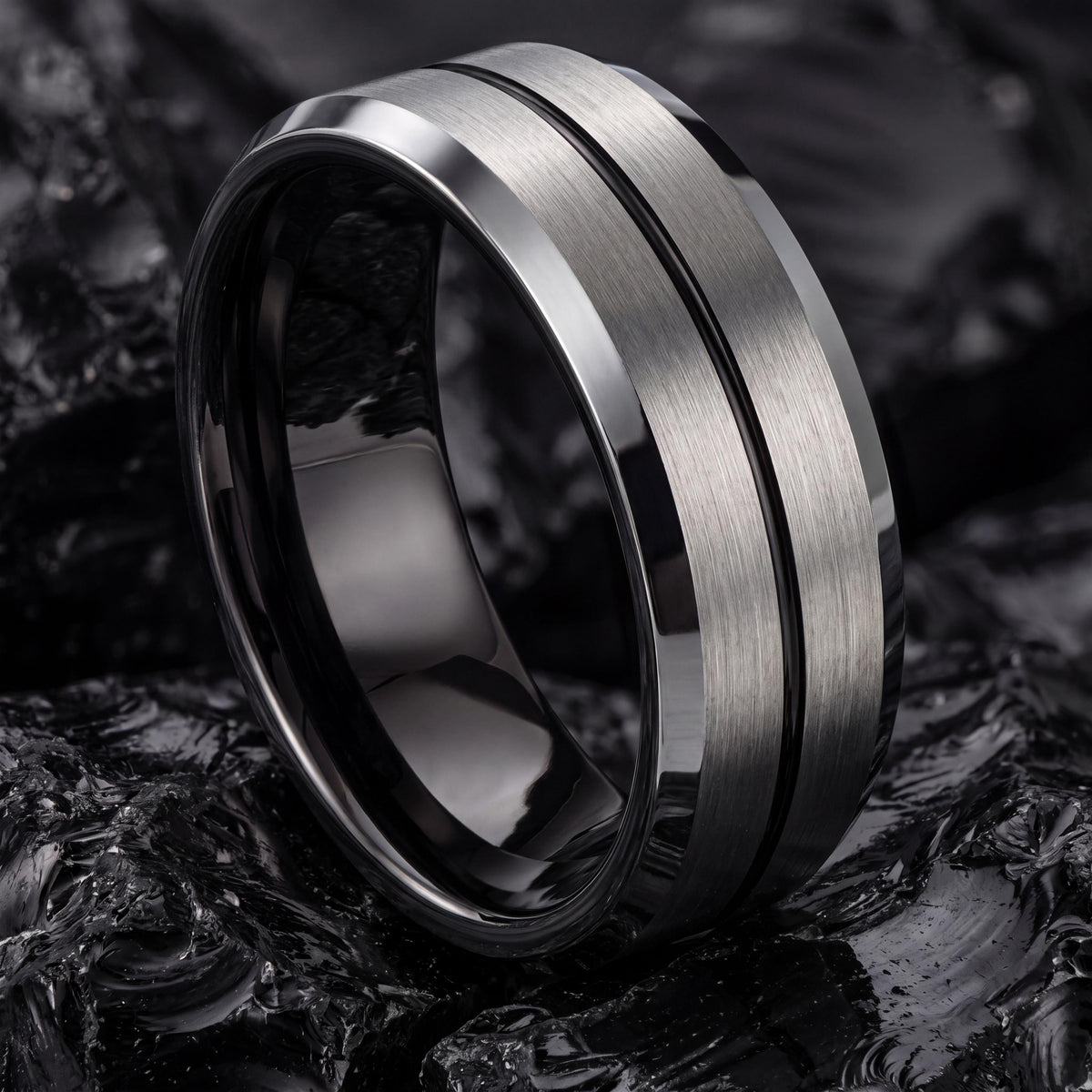 Tungsten Wedding Band,Wedding Band Women,Personalised Wedding,Silver Thick Band Rings,Metallic Black,Simple Silver And Black Stacked Rings,1