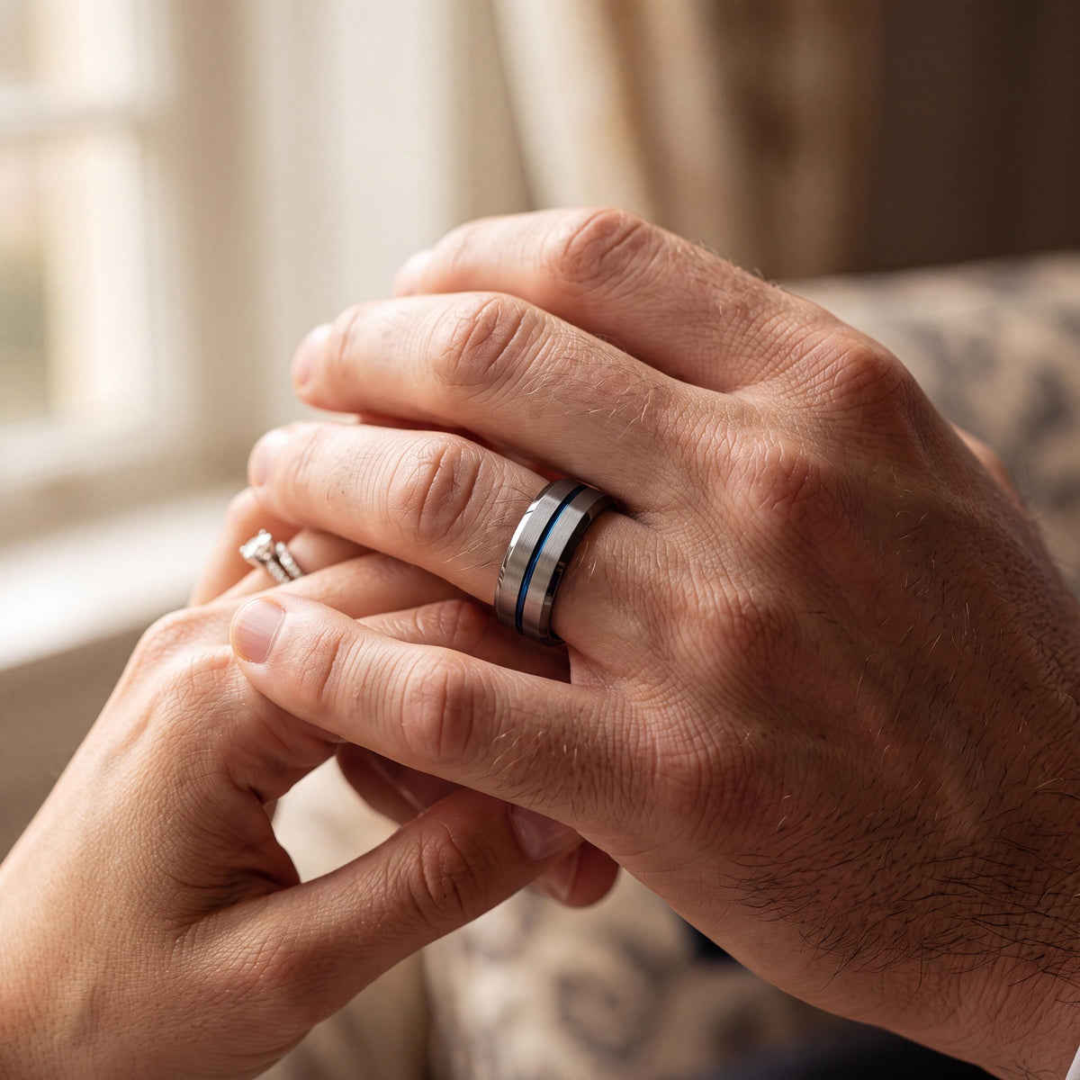 Mens Tungsten Wedding Band,Unique Wedding Band,Wedding Bands Set His And Hers Unique,Gunmetal Men Wedding Band,Silver Chunky Rings,Blue Ring
