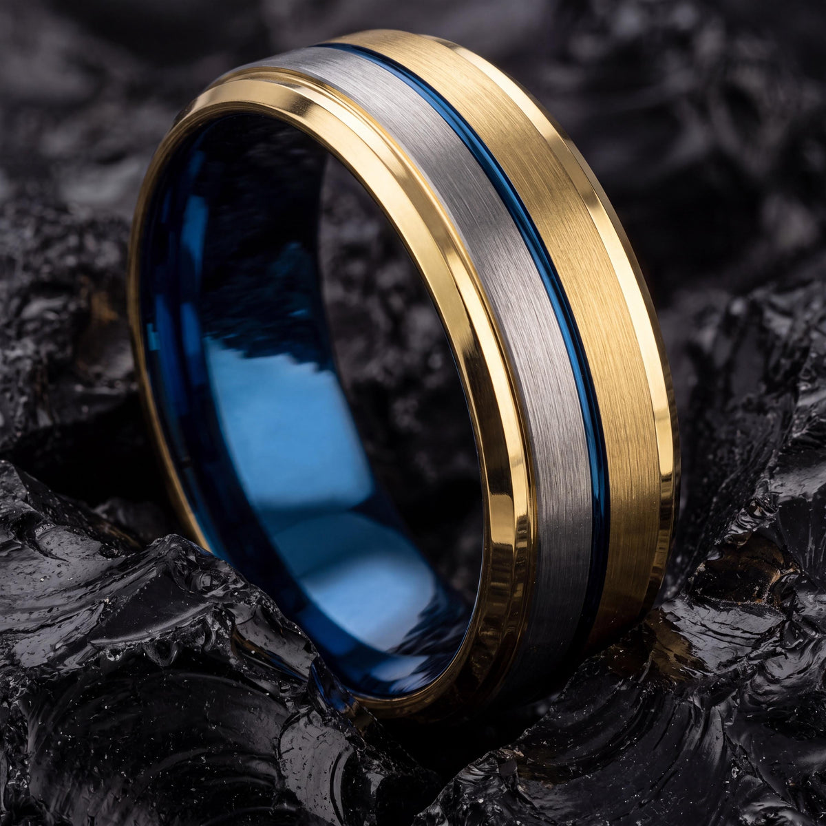 Tungsten Carbide Wedding Band, Blue Silver Gold Ring, Comfort Fit