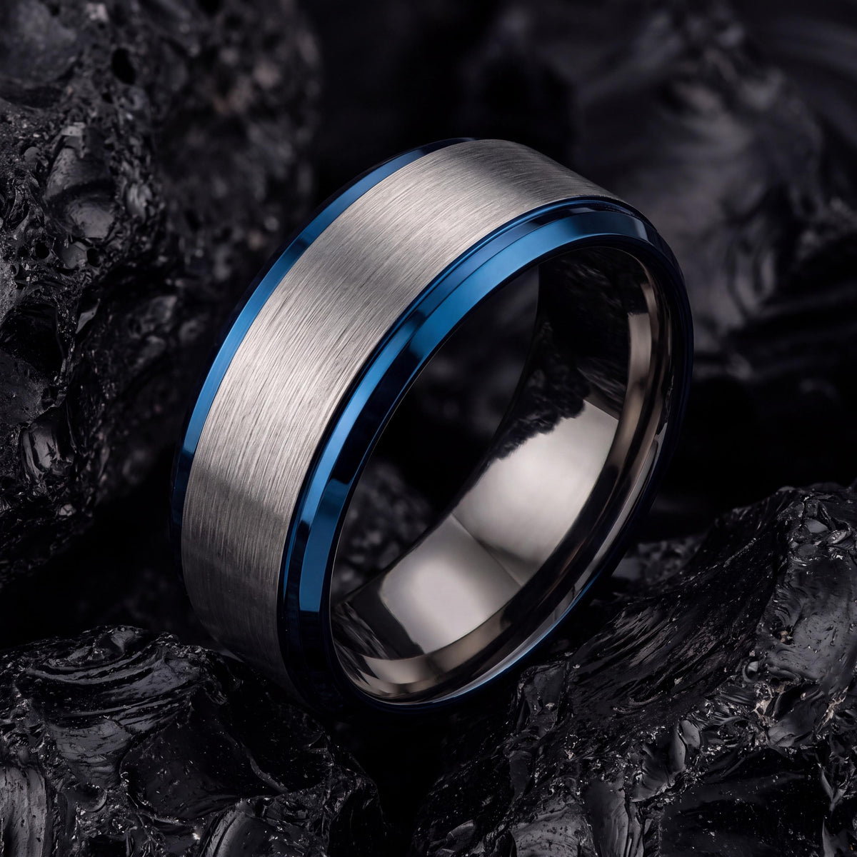 Mens Wedding Band Tungsten,Men Wedding Band,Unique Matching Wedding Bands,Gunmetal Men Wedding Band,Mens Hammered Silver Rings,Blue Rings,10